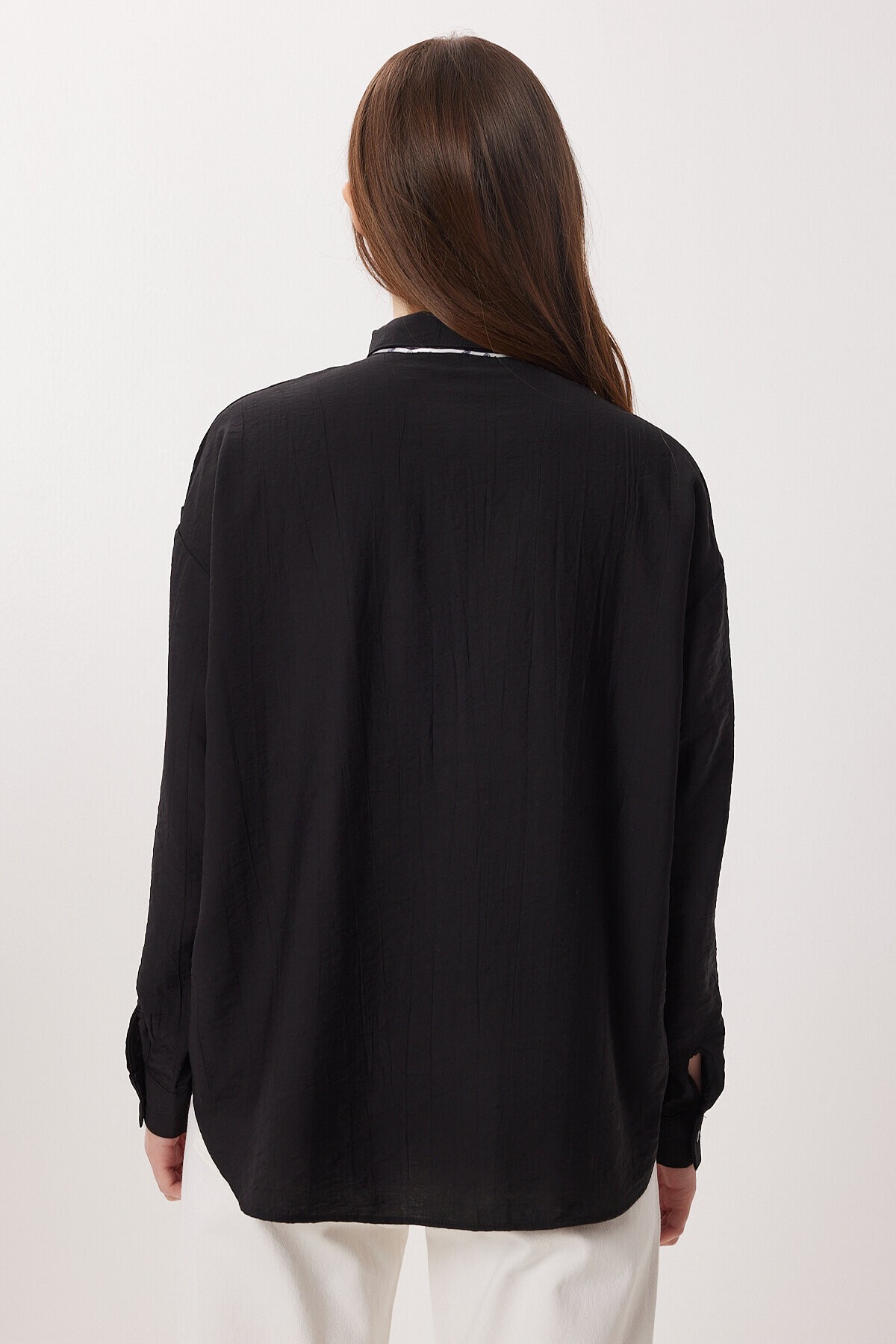 Fular Detaylı Oversize Dokuma Gömlek SİYAH LDZ0061