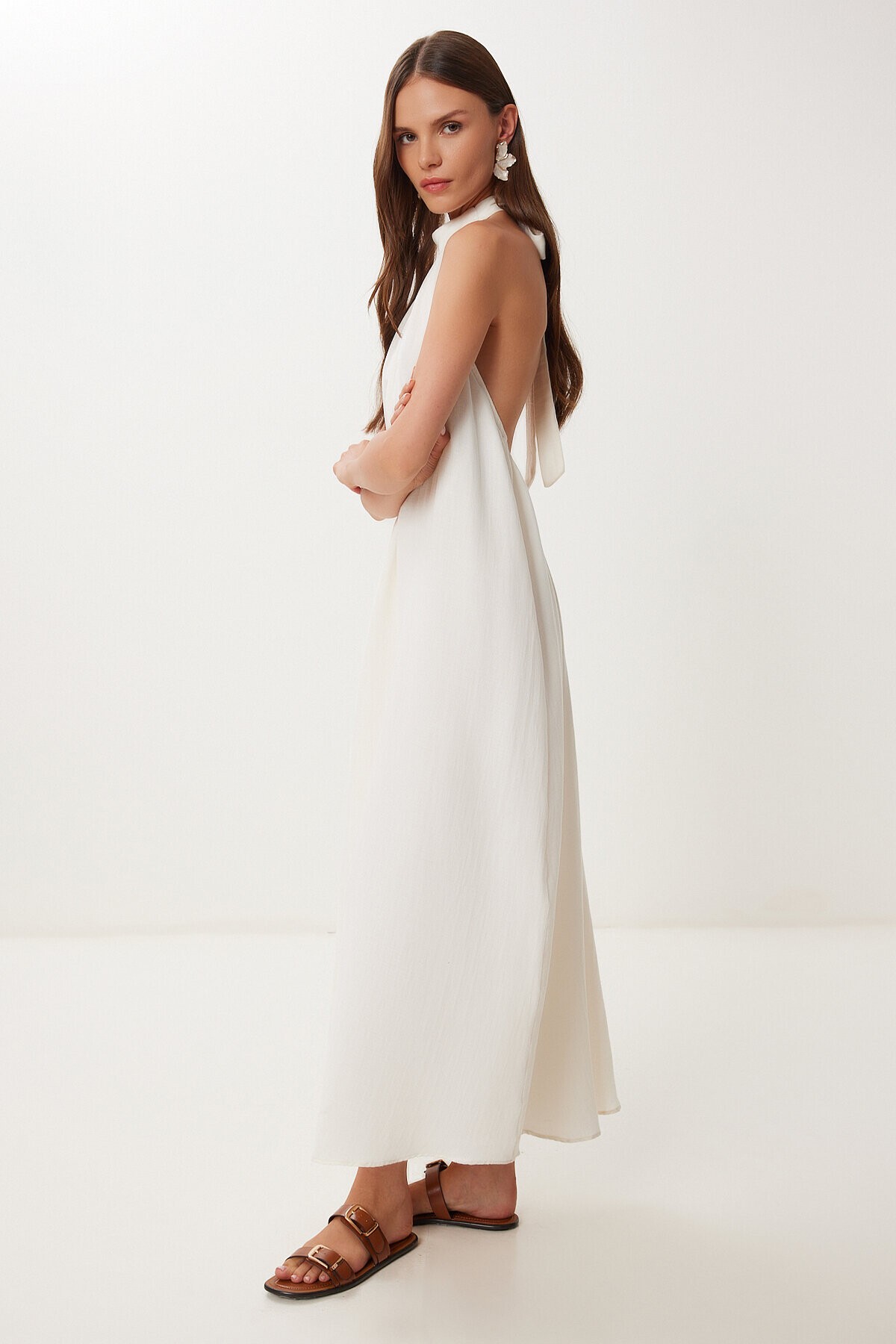 Halter Yaka Yazlık Müslin Elbise KREM LFG0019