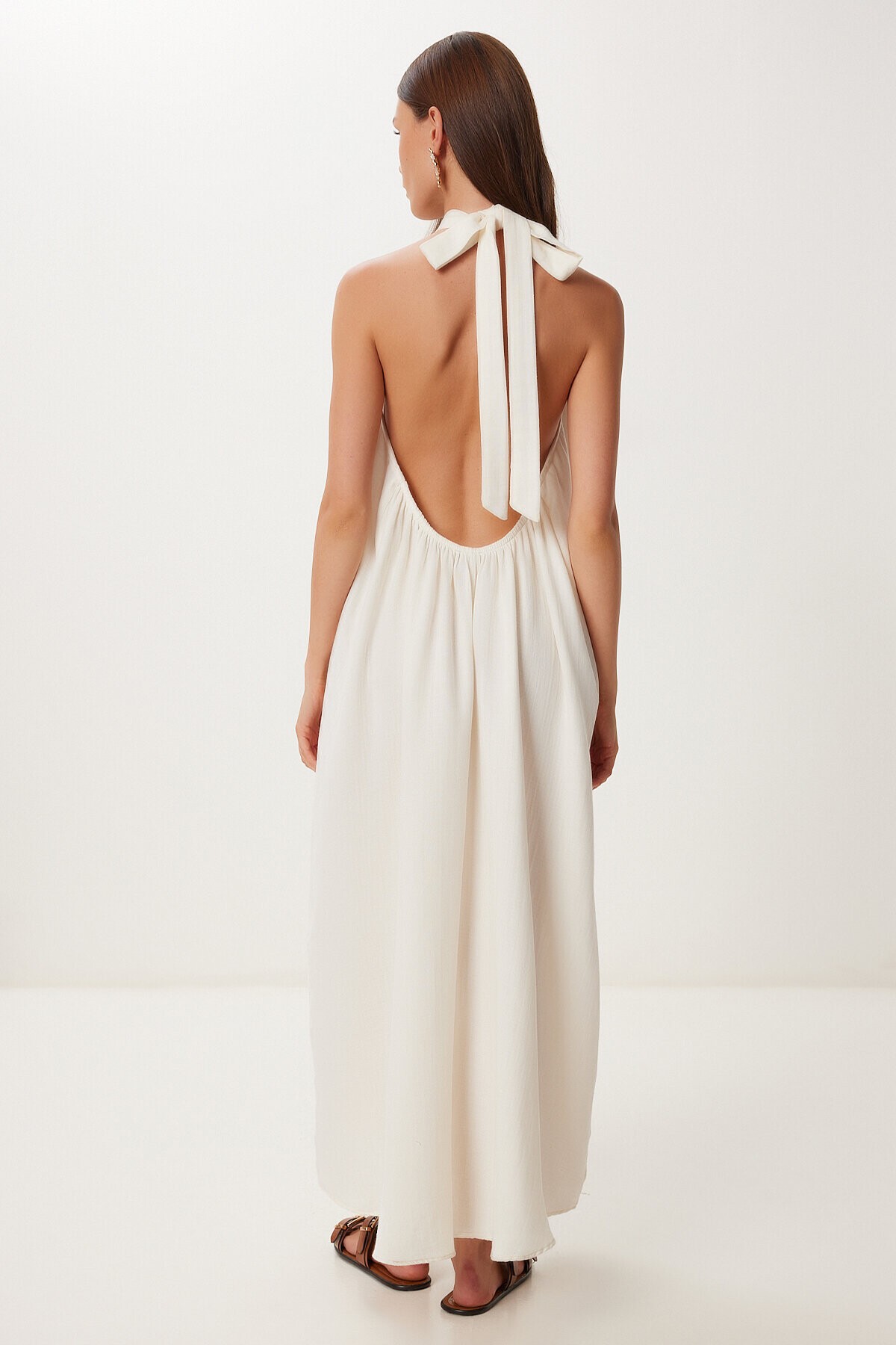 Halter Yaka Yazlık Müslin Elbise KREM LFG0019