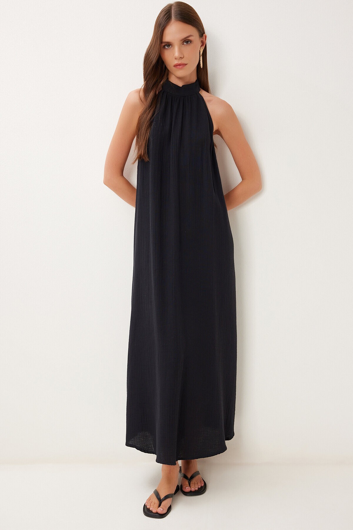 Halter Yaka Yazlık Müslin Elbise SİYAH LFG0019