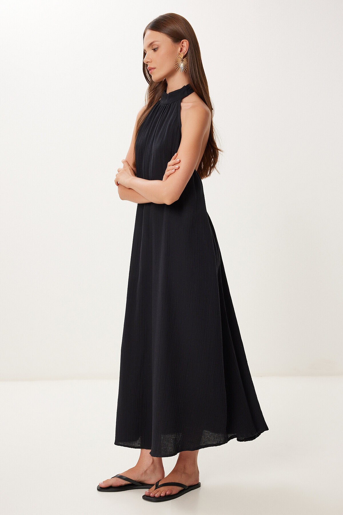Halter Yaka Yazlık Müslin Elbise SİYAH LFG0019
