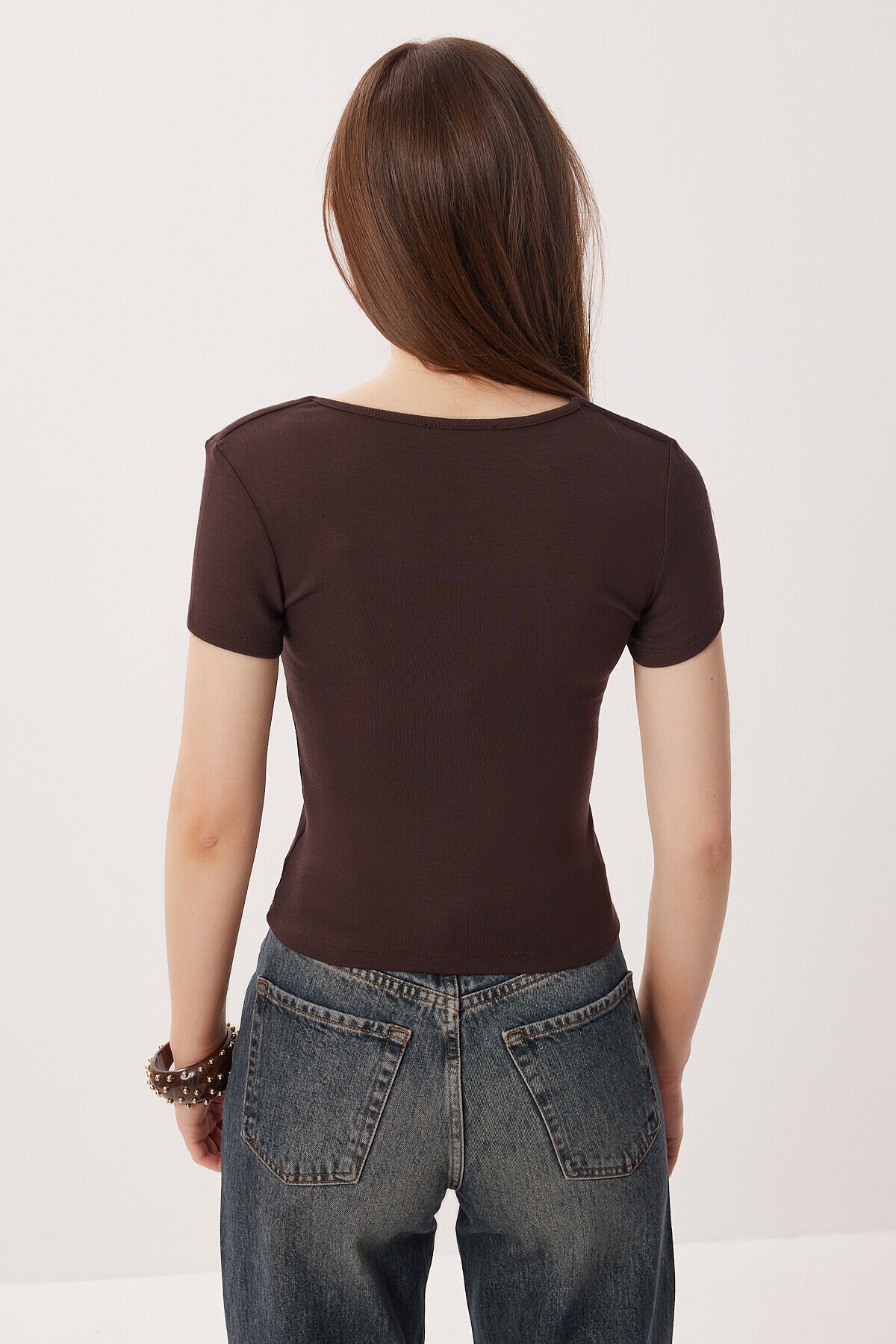 Kare Yaka Basic Örme T-shirt KAHVERENGİ LDZ0060