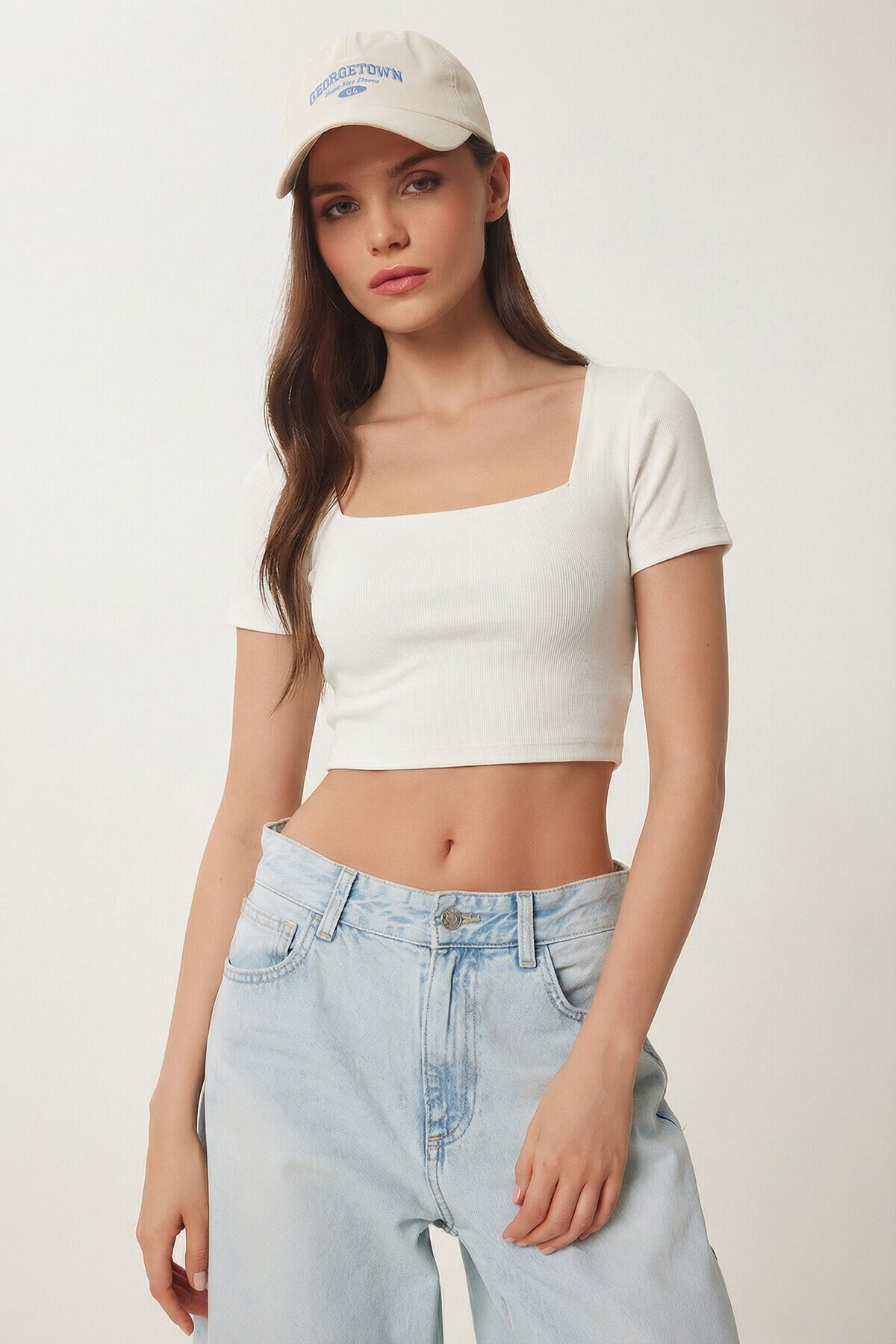 Kare Yaka Crop Örme Bluz EKRU LEX0005