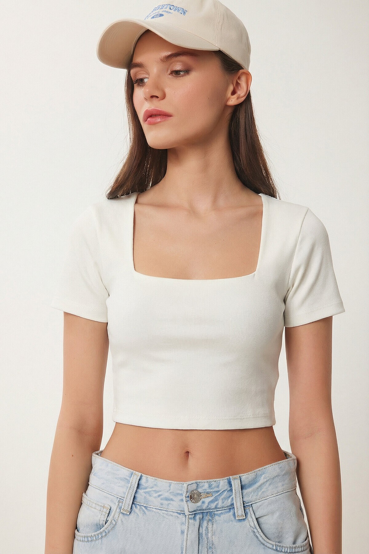 Kare Yaka Crop Örme Bluz EKRU LEX0005