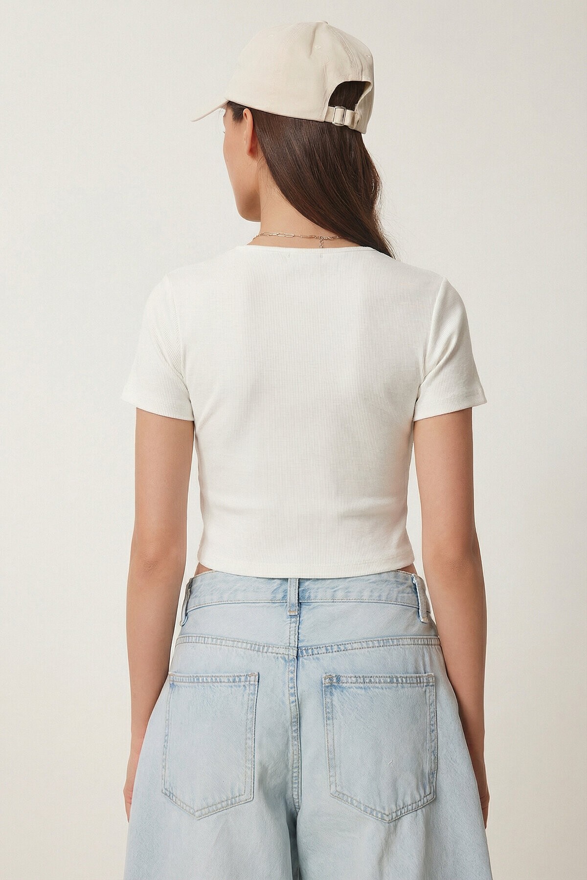 Kare Yaka Crop Örme Bluz EKRU LEX0005