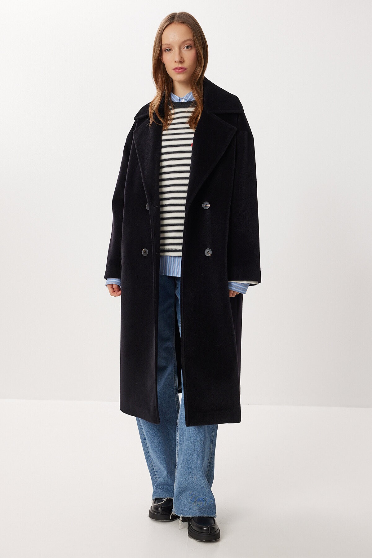 Kruvaze Yaka Oversize Kaşe Kaban SİYAH LFG0173