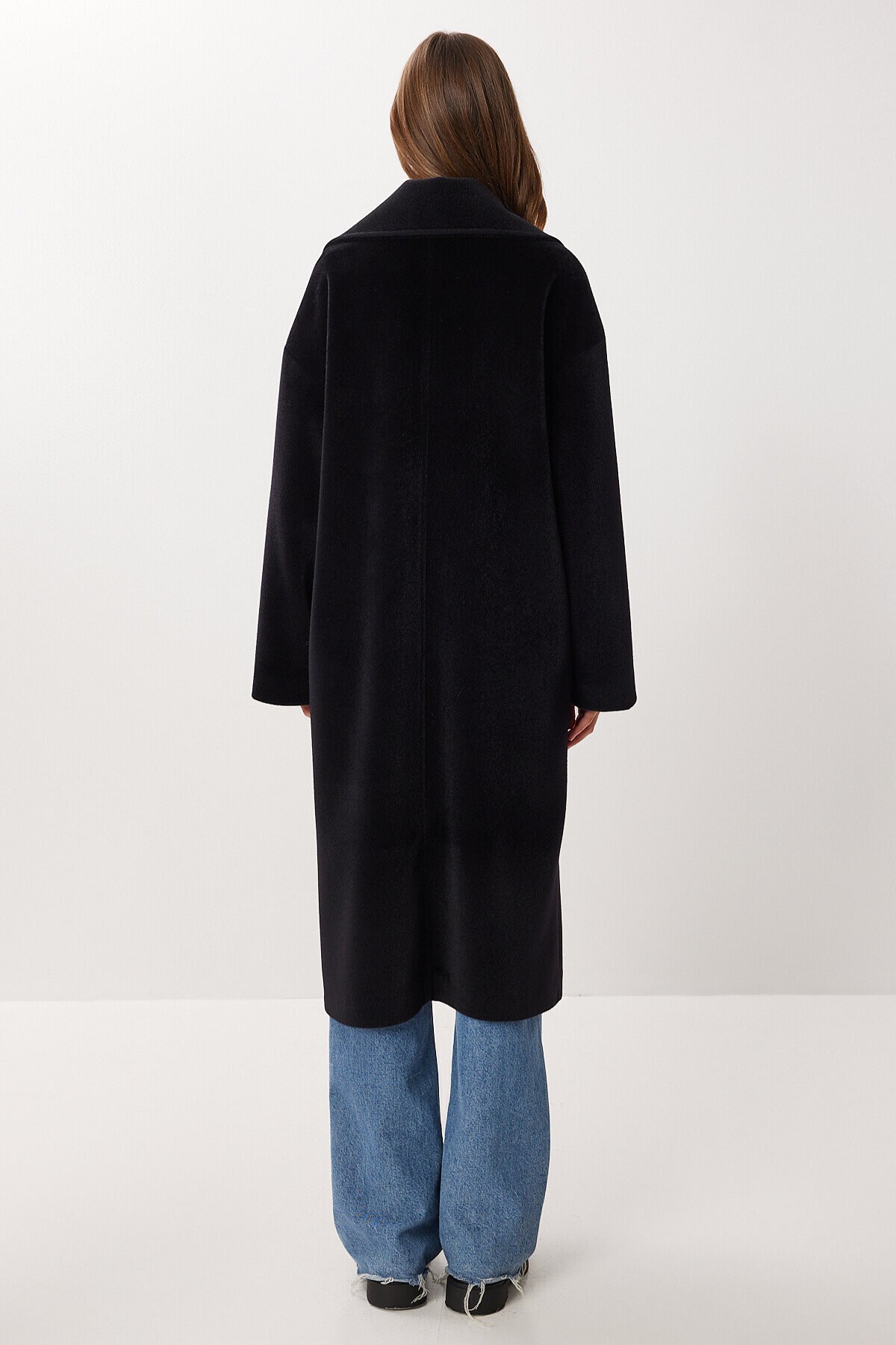 Kruvaze Yaka Oversize Kaşe Kaban SİYAH LFG0173