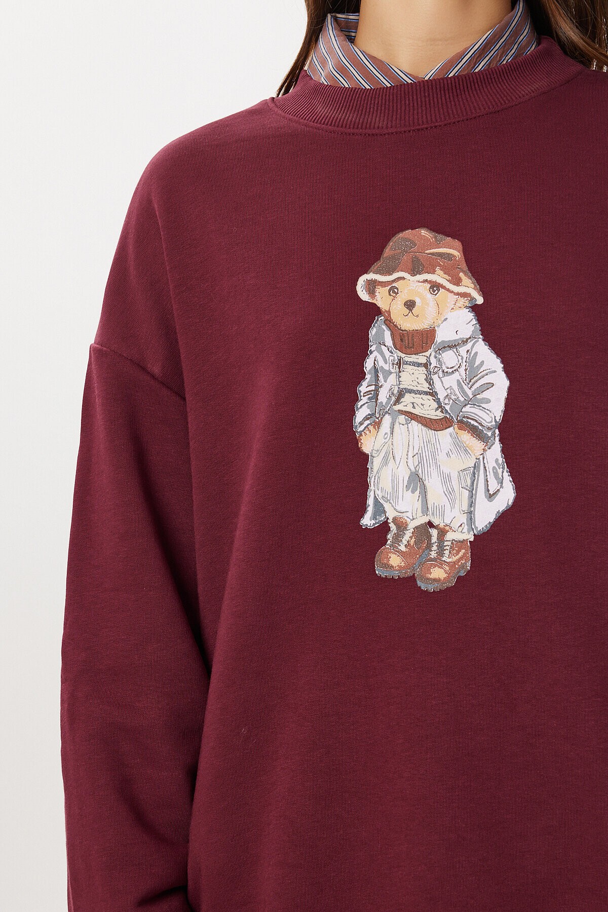 Oversize Ayıcık Baskılı Örme Sweatshirt BORDO LFN0135