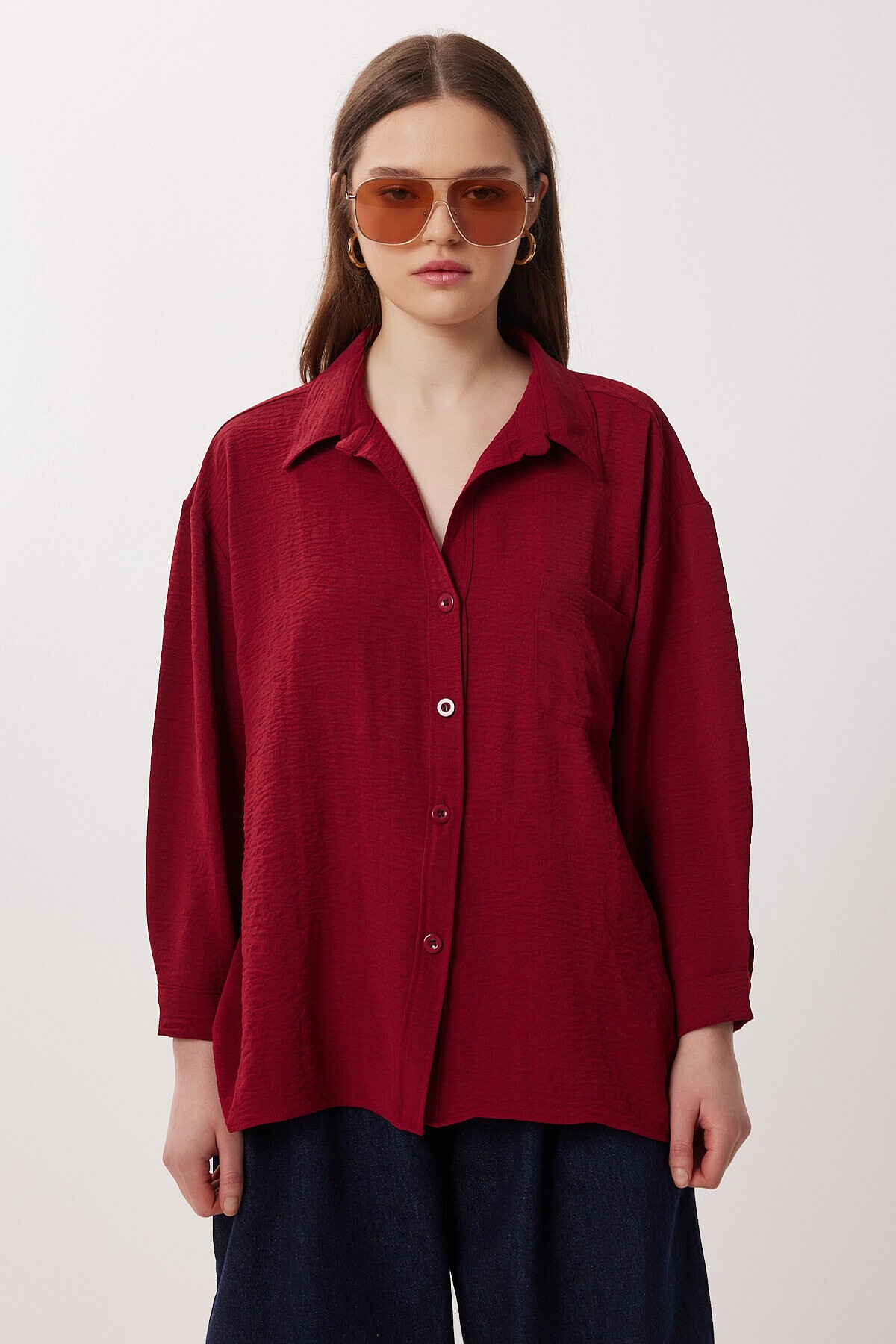 Oversize Cepli Dokuma Gömlek BORDO LDZ0063