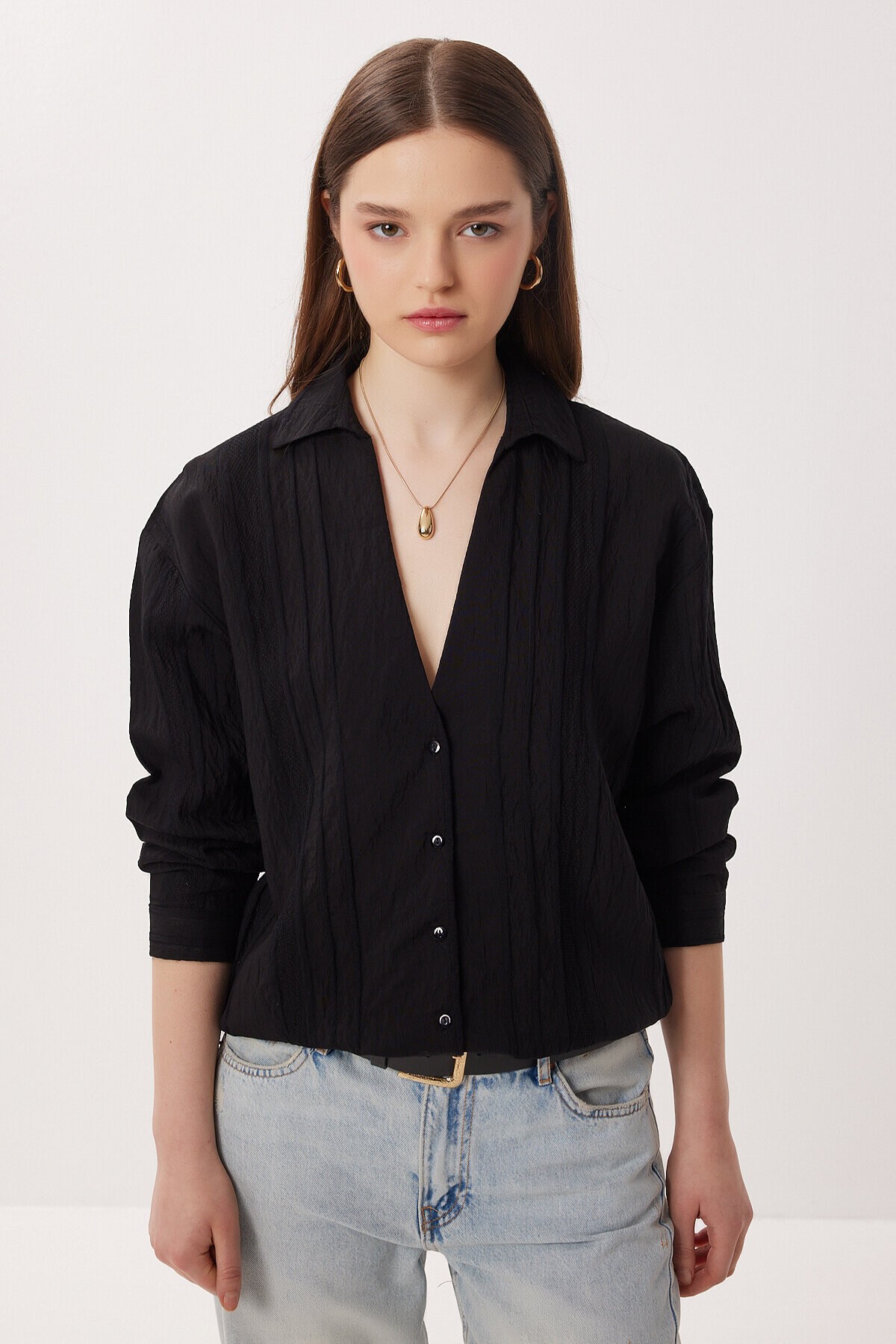 Oversize İşlemeli Dokuma Gömlek SİYAH LDZ0062