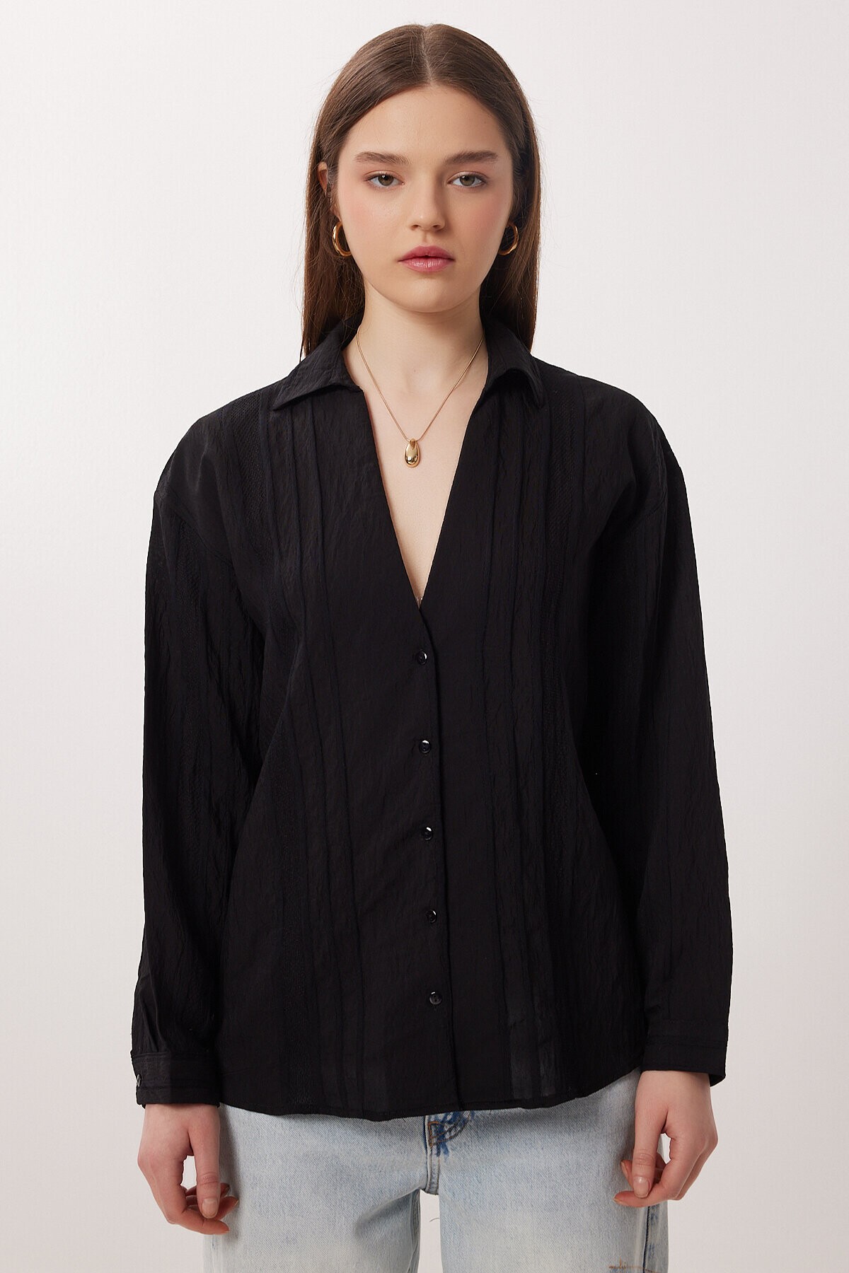 Oversize İşlemeli Dokuma Gömlek SİYAH LDZ0062