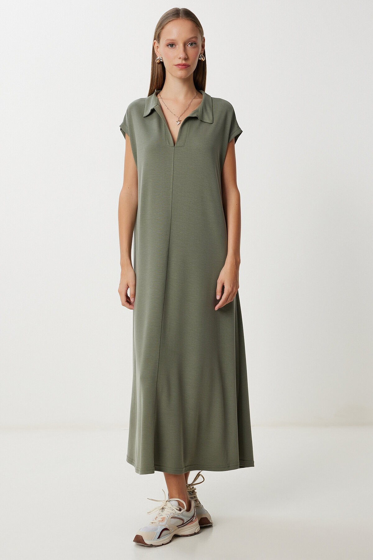 Polo Yaka Cepli Örme Elbise HAKİ LDZ0038