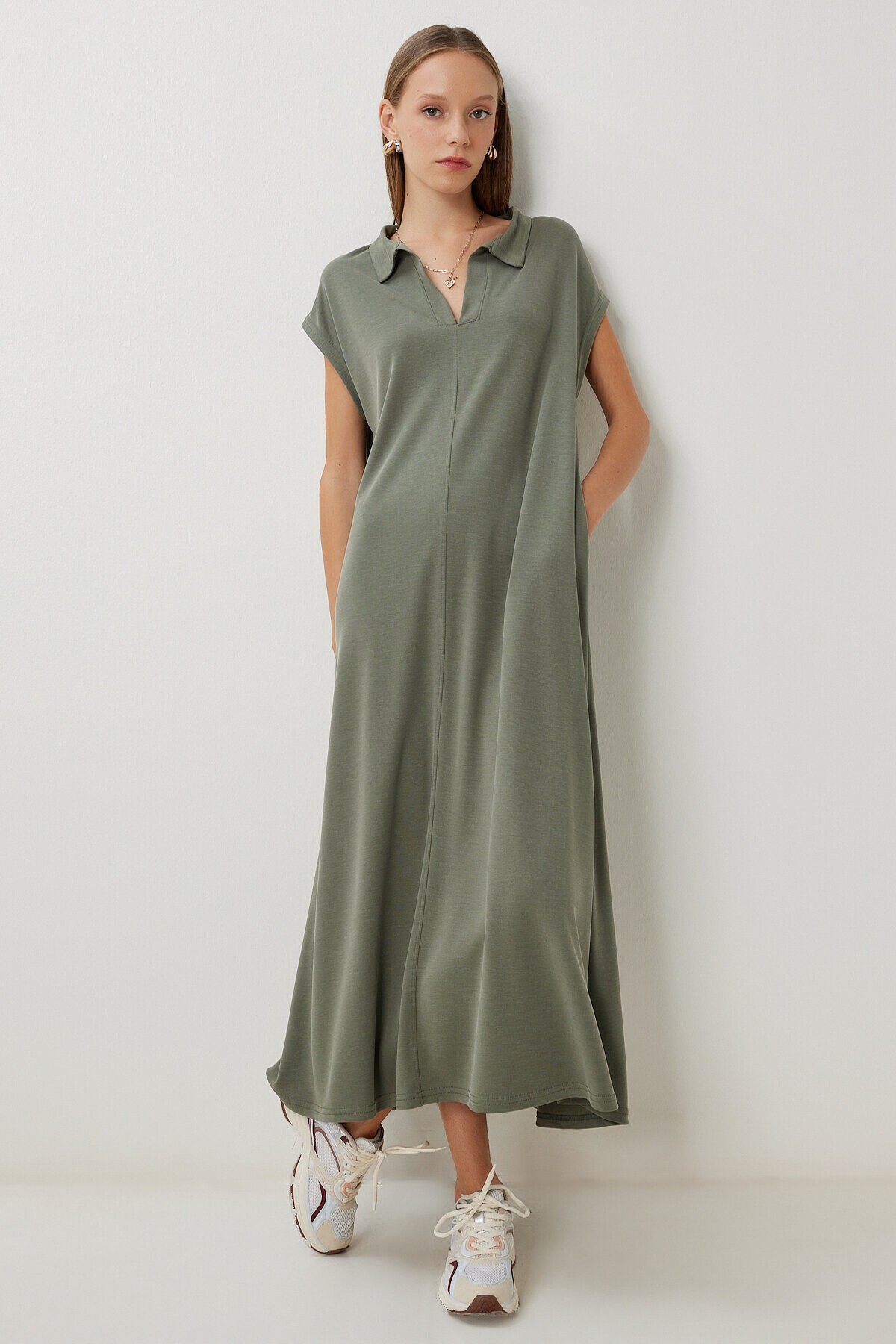 Polo Yaka Cepli Örme Elbise HAKİ LDZ0038