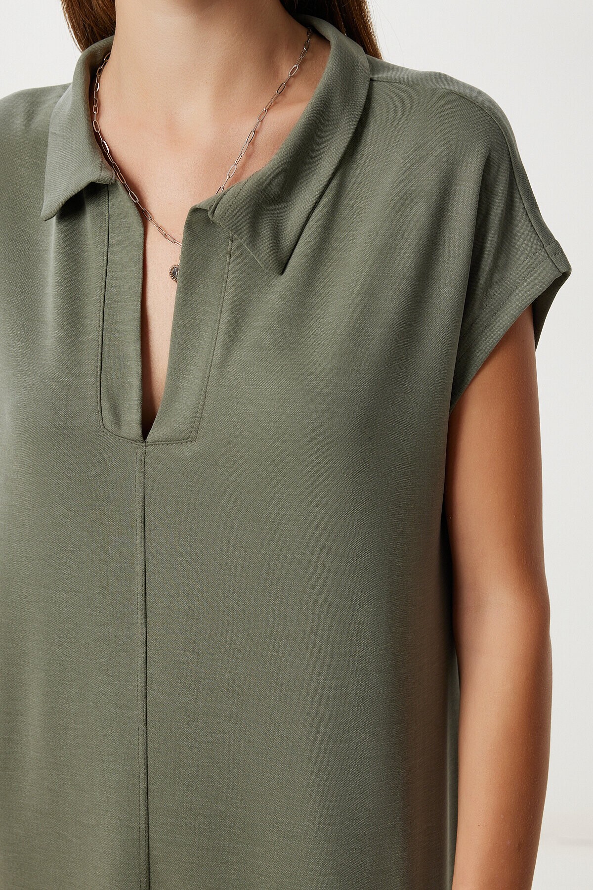 Polo Yaka Cepli Örme Elbise HAKİ LDZ0038