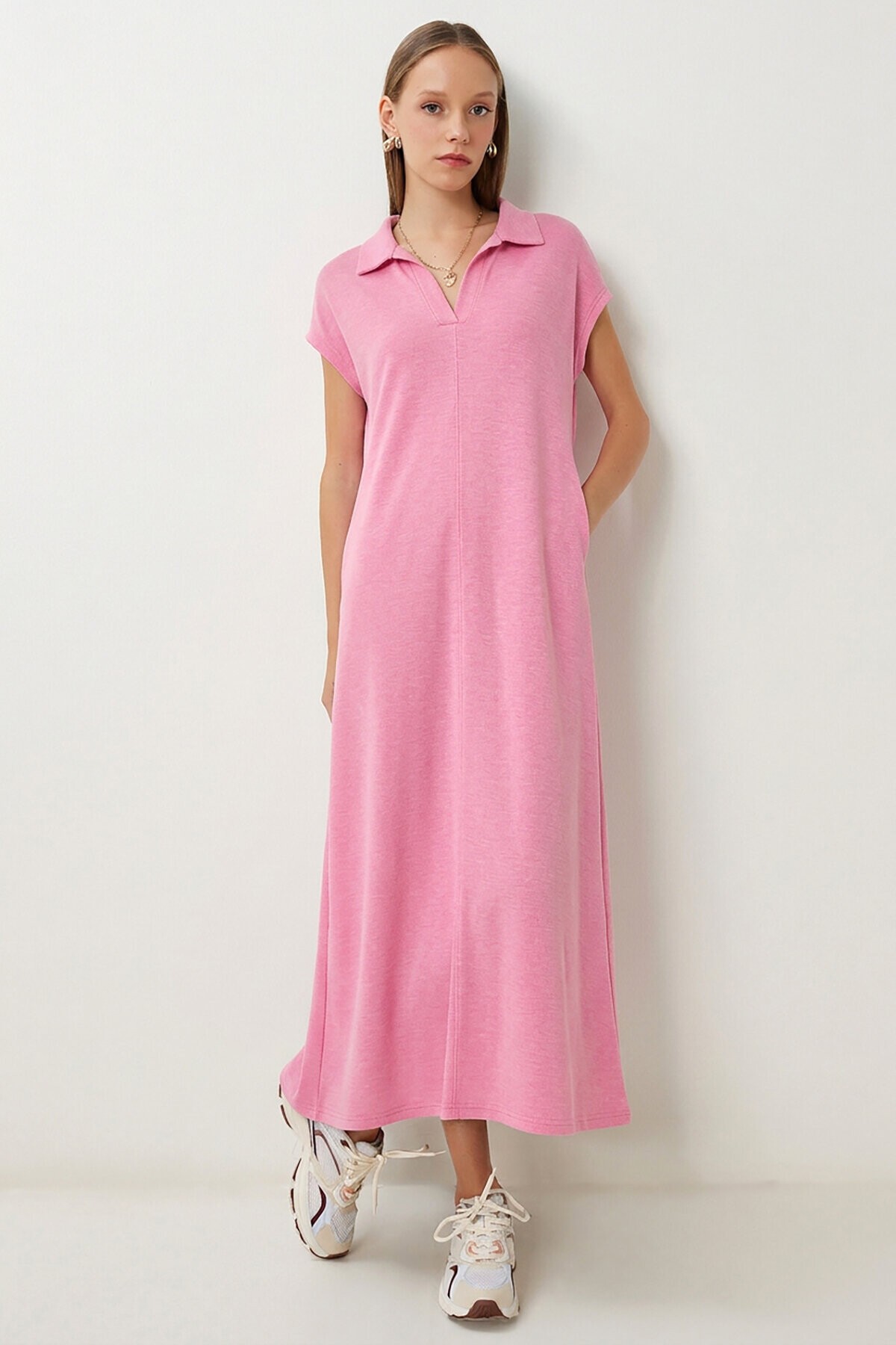 Polo Yaka Cepli Örme Elbise PEMBE LDZ0038