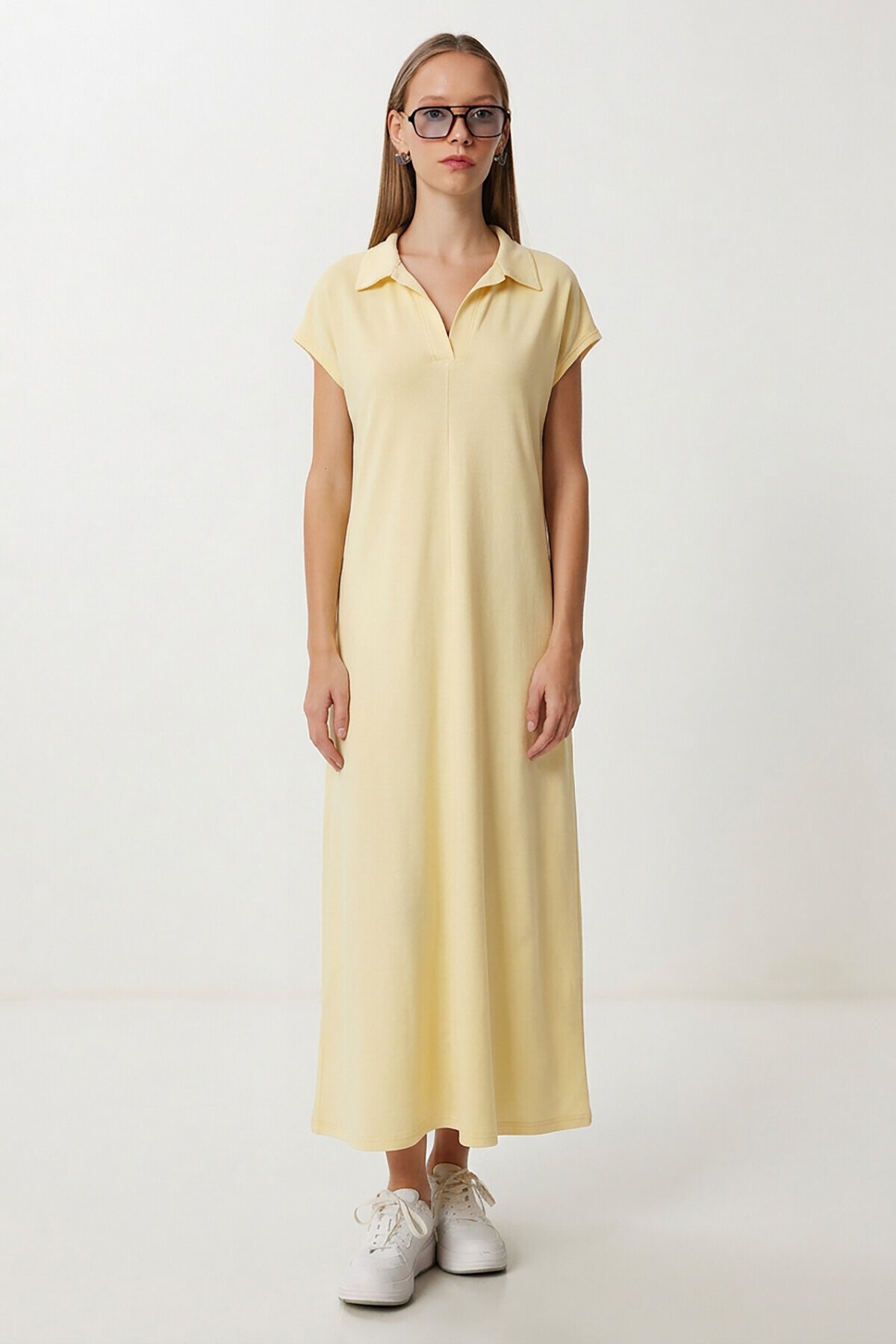 Polo Yaka Cepli Örme Elbise SARI LDZ0038
