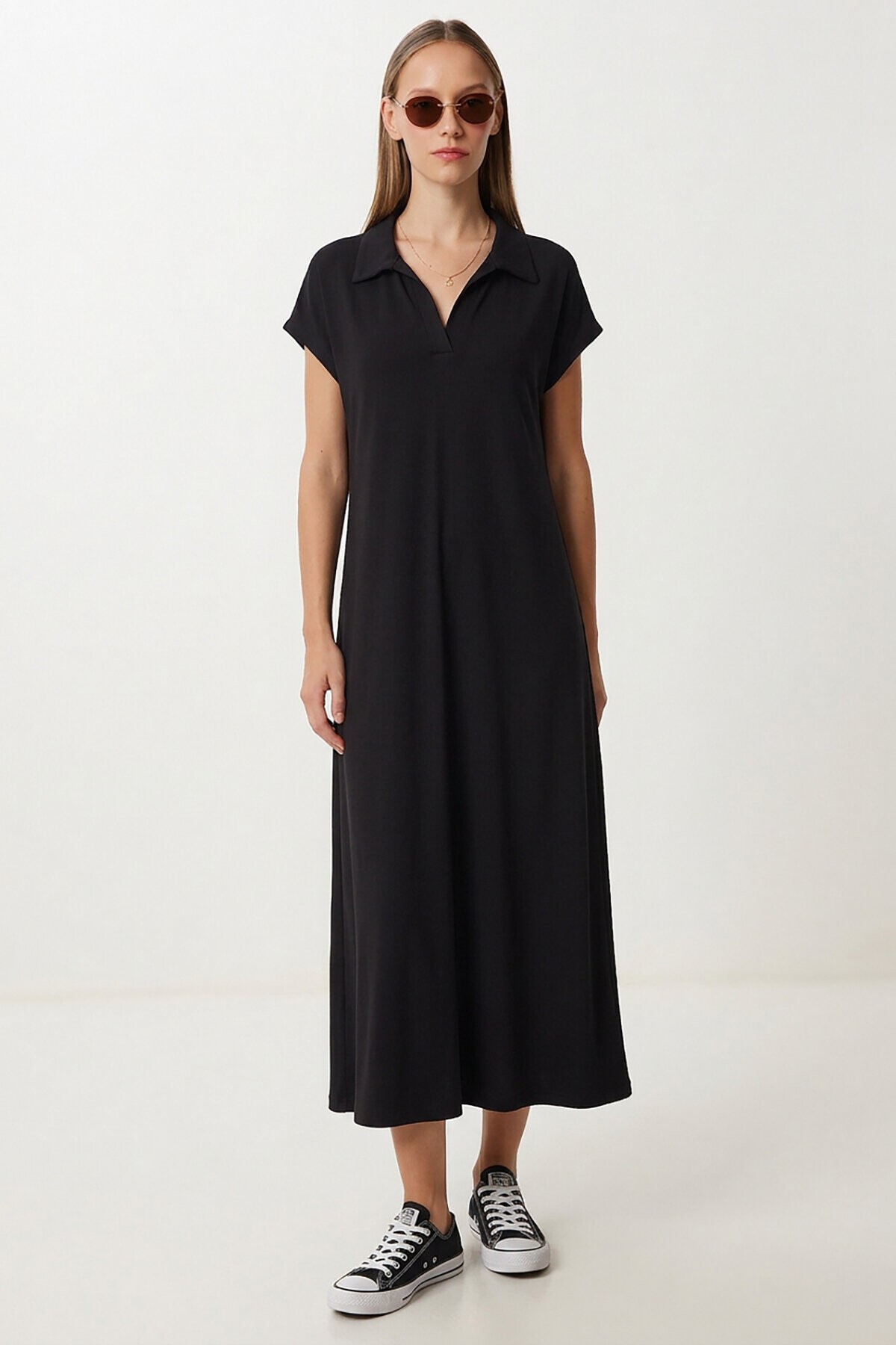 Polo Yaka Cepli Örme Elbise SİYAH LDZ0038