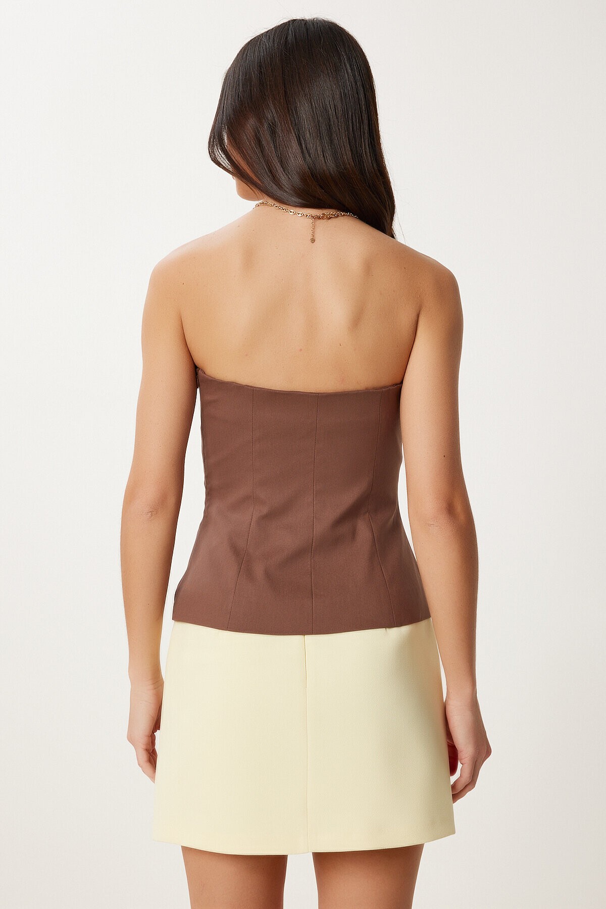 Straplez Crop Dokuma Bluz KAHVERENGİ LFK0007