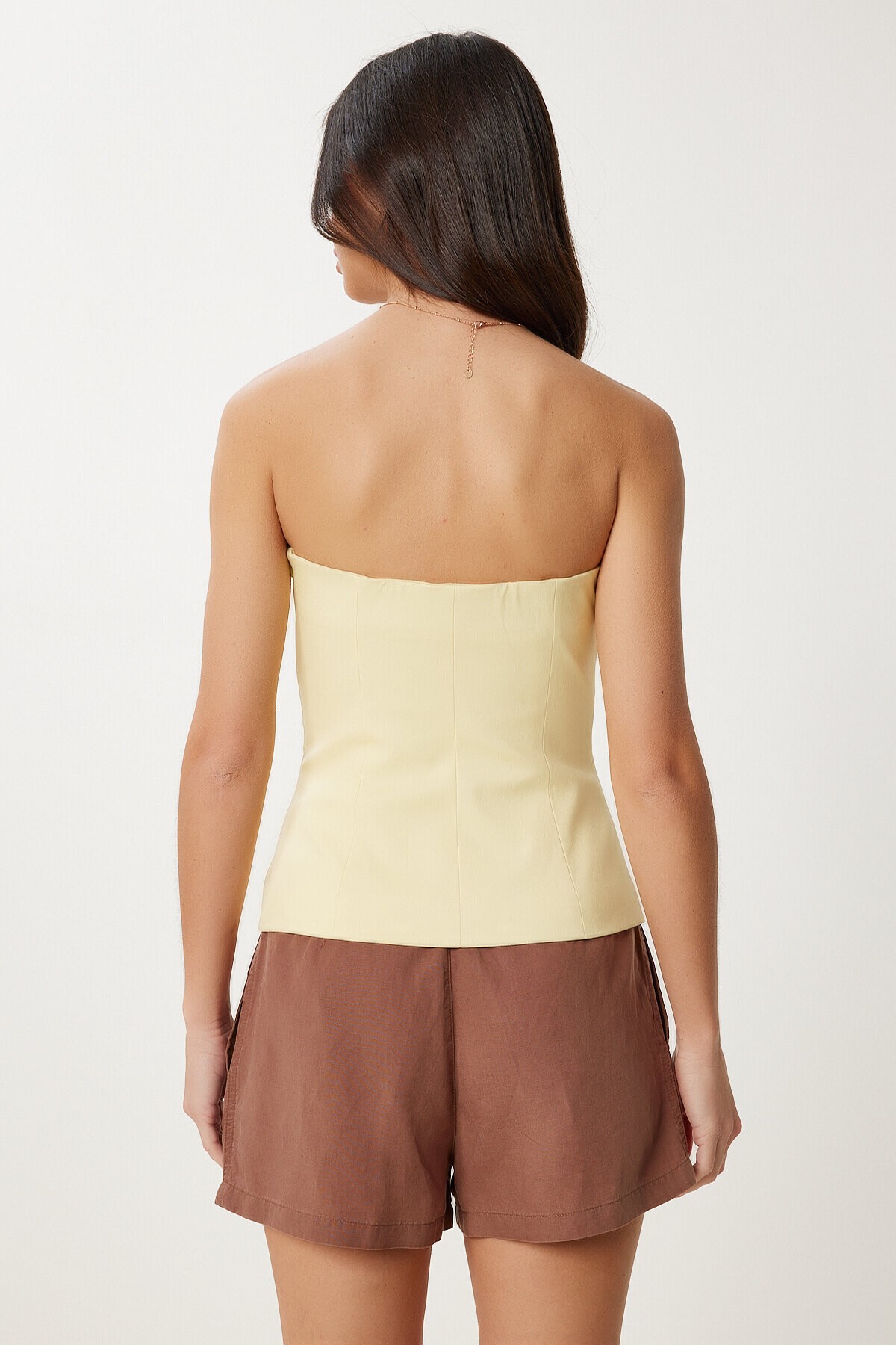 Straplez Crop Dokuma Bluz SARI LFK0007