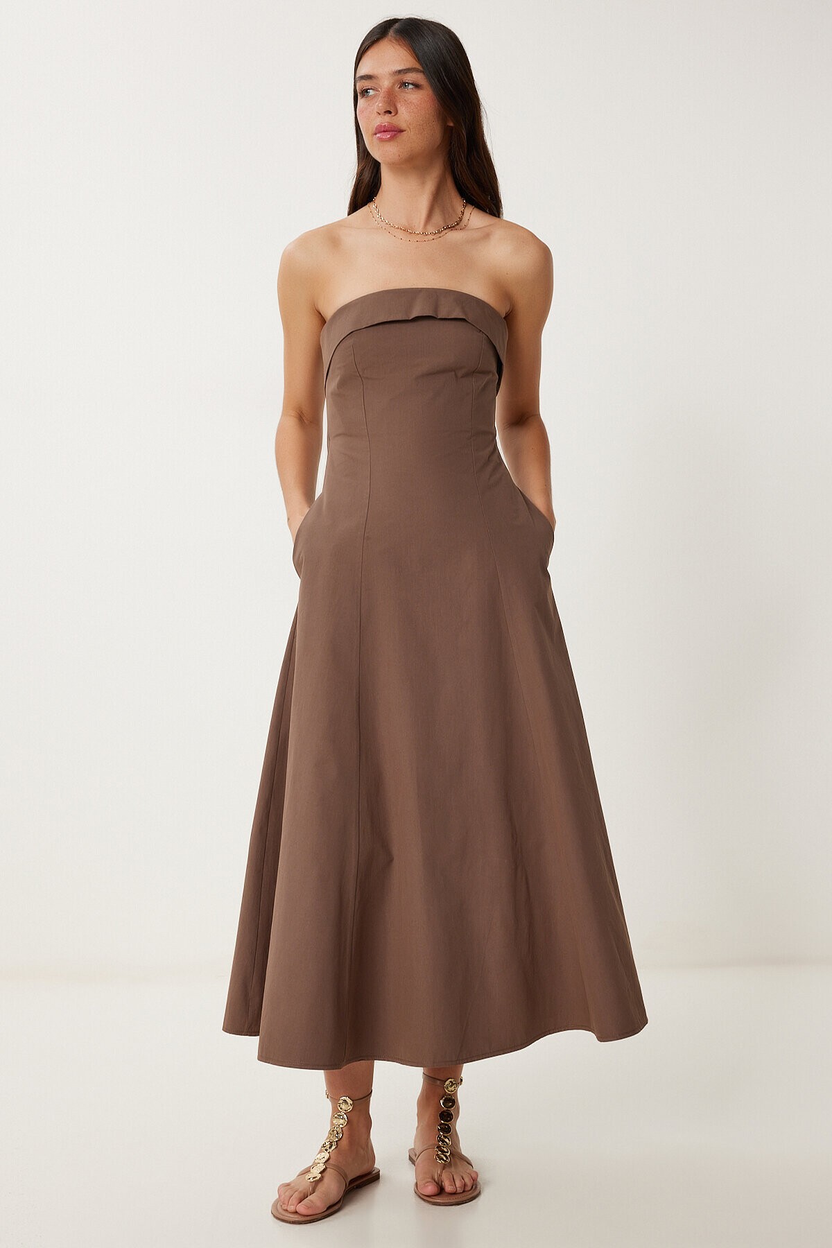 Straplez Midi Popin Elbise KAHVERENGİ LFK0009