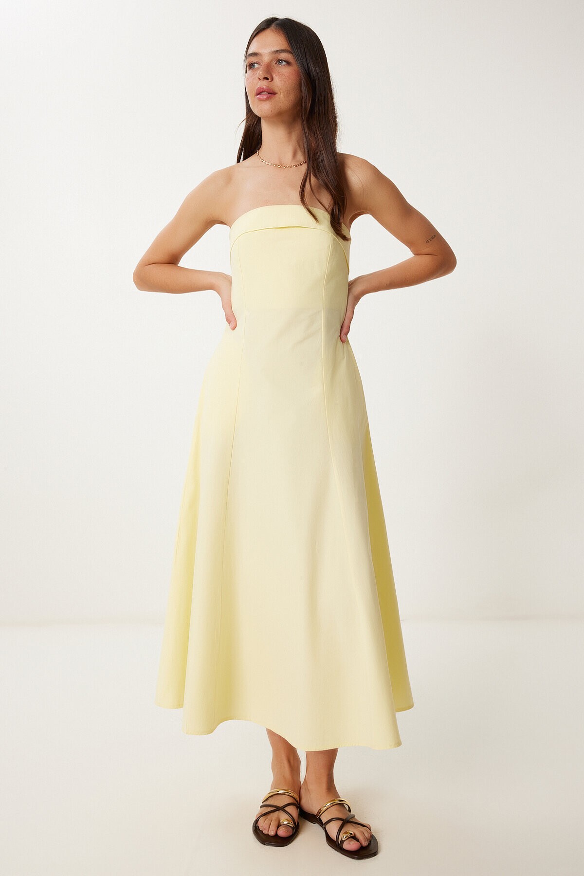 Straplez Midi Popin Elbise SARI LFK0009