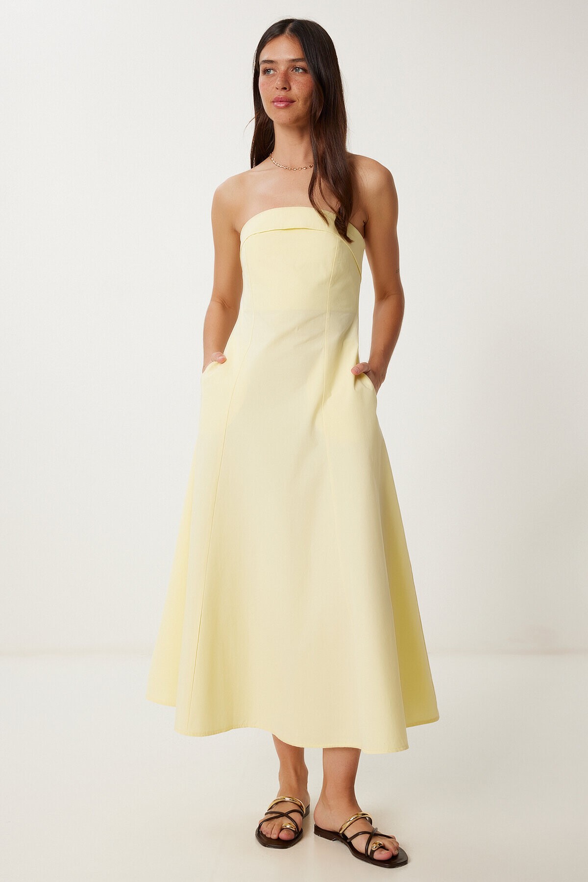 Straplez Midi Popin Elbise SARI LFK0009