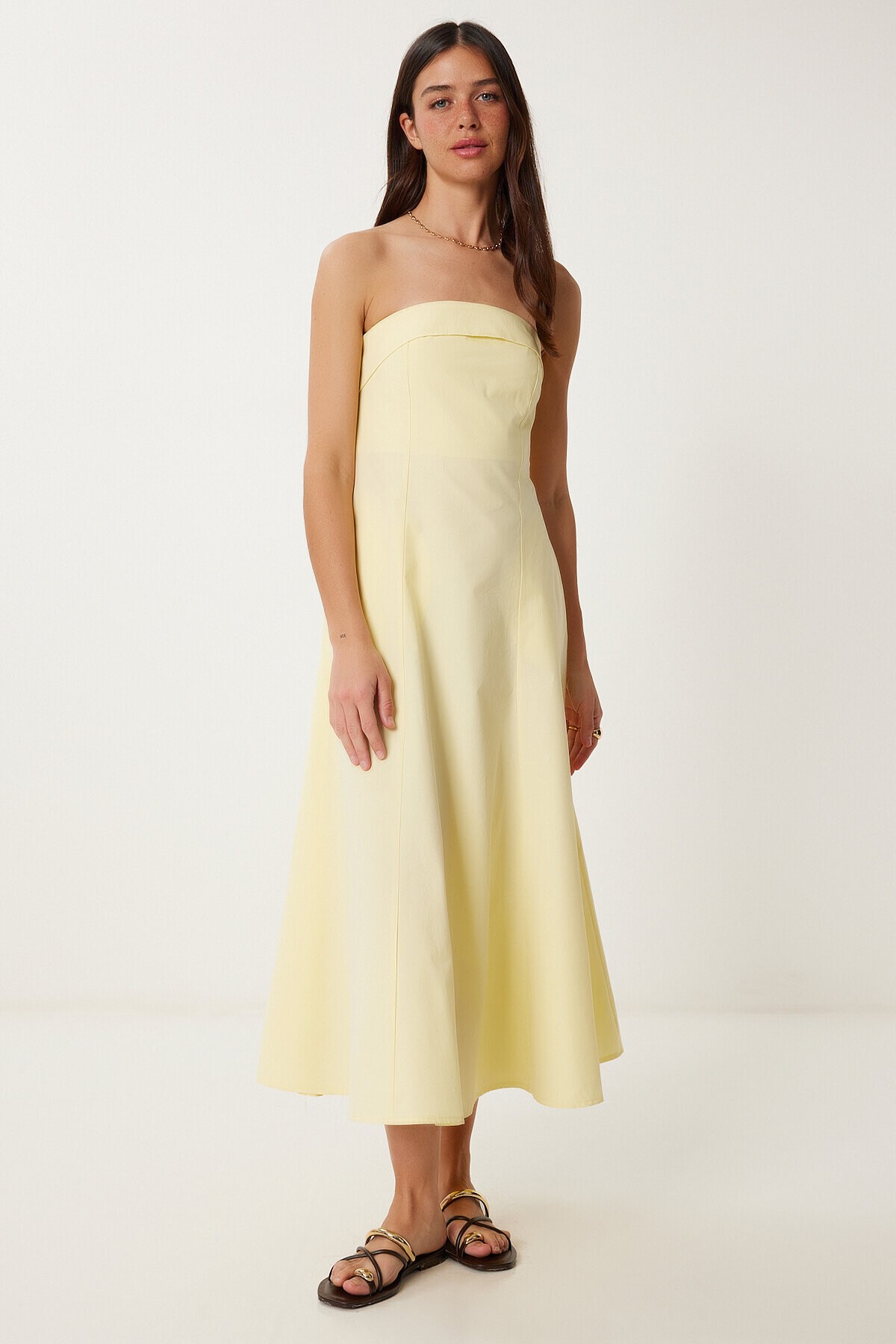 Straplez Midi Popin Elbise SARI LFK0009