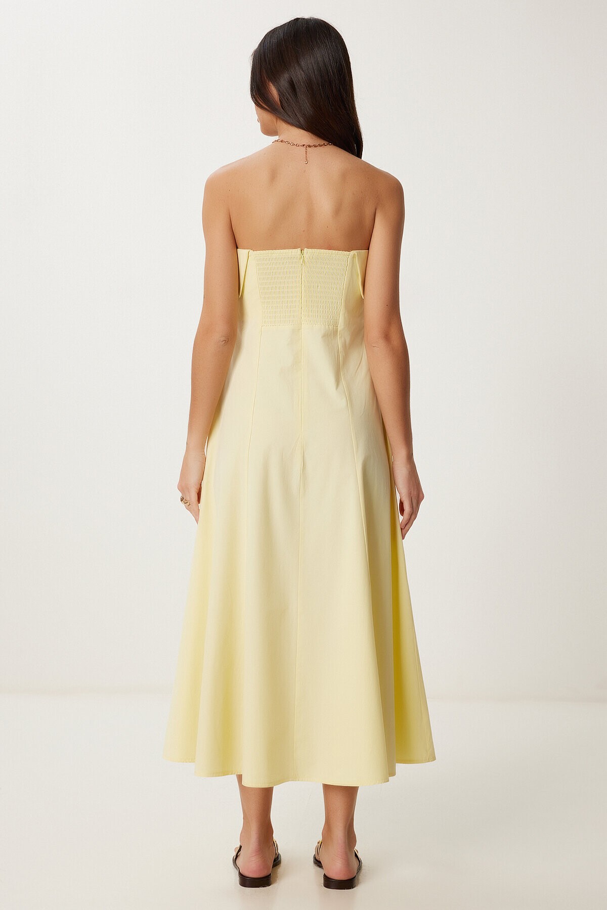 Straplez Midi Popin Elbise SARI LFK0009