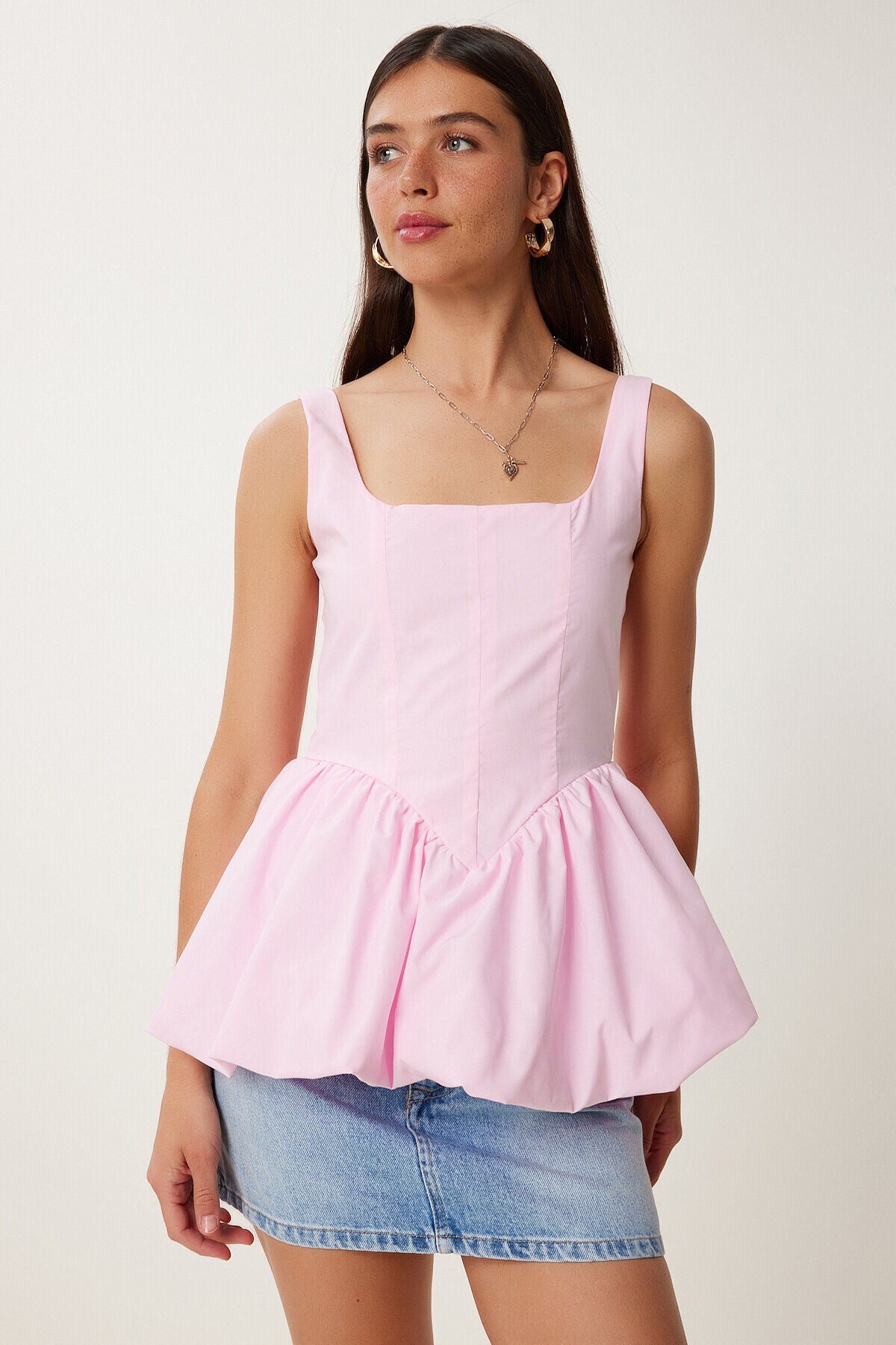 Askılı Balon Etekli Poplin Bluz ŞEKER PEMBE LPX0002