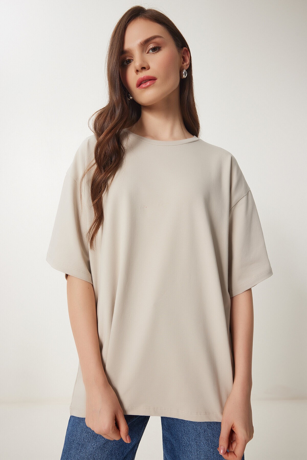 Basic Oversize 2li Takım Örme T-shirt KAHVERENGİ TAŞ LHW0007
