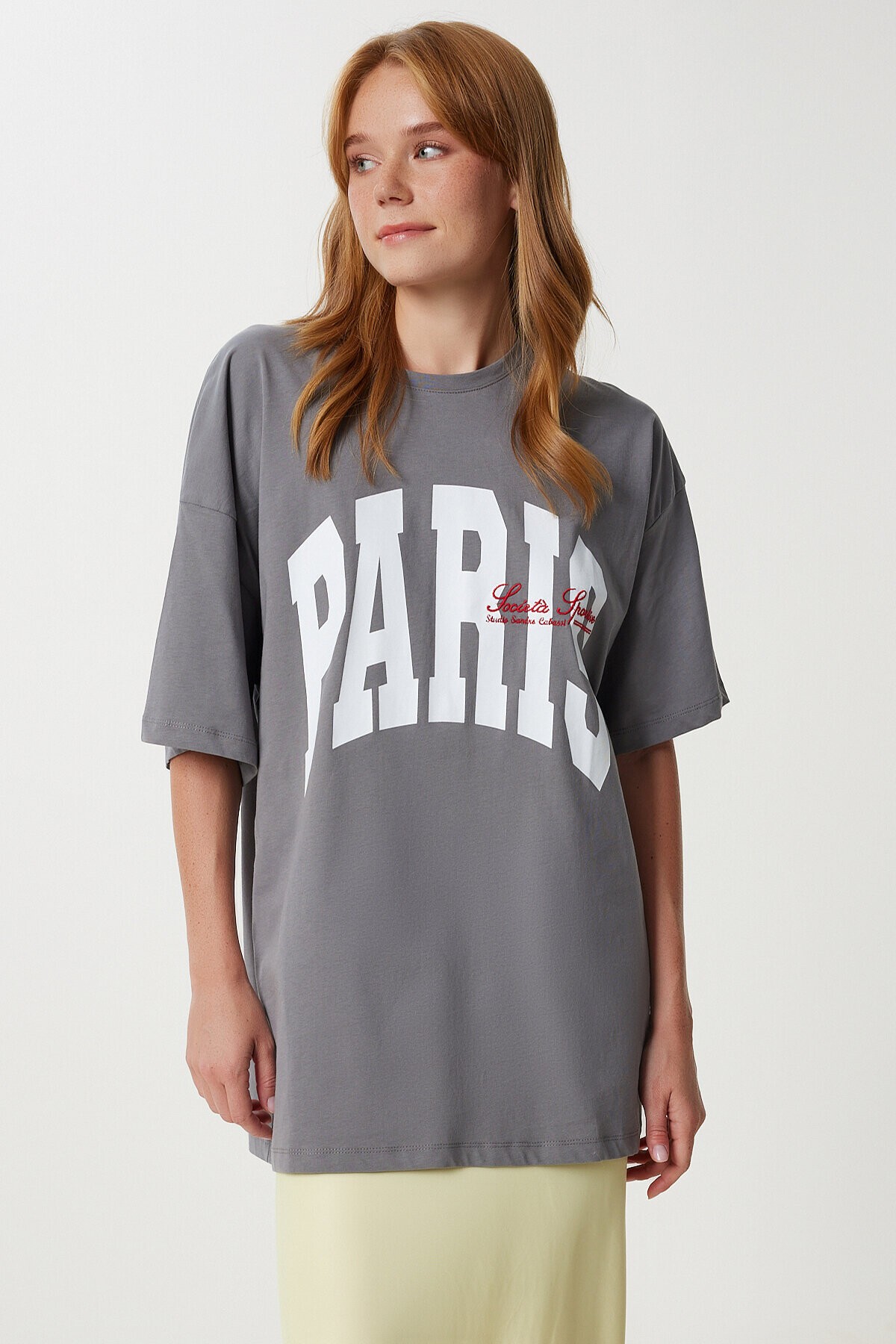 Baskılı Nakış İşlemeli Oversize Örme T-shirt FÜME LKT0015