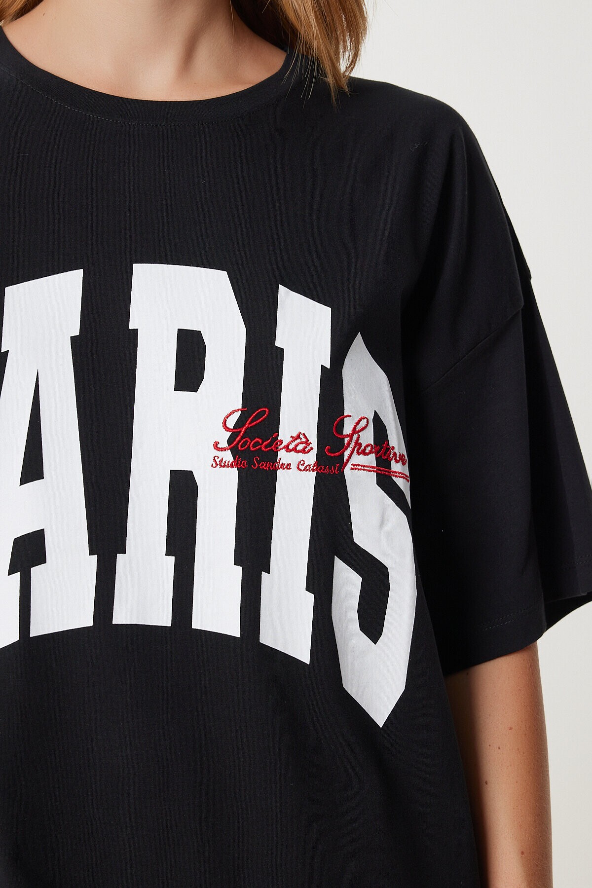 Baskılı Nakış İşlemeli Oversize Örme T-shirt SİYAH LKT0015