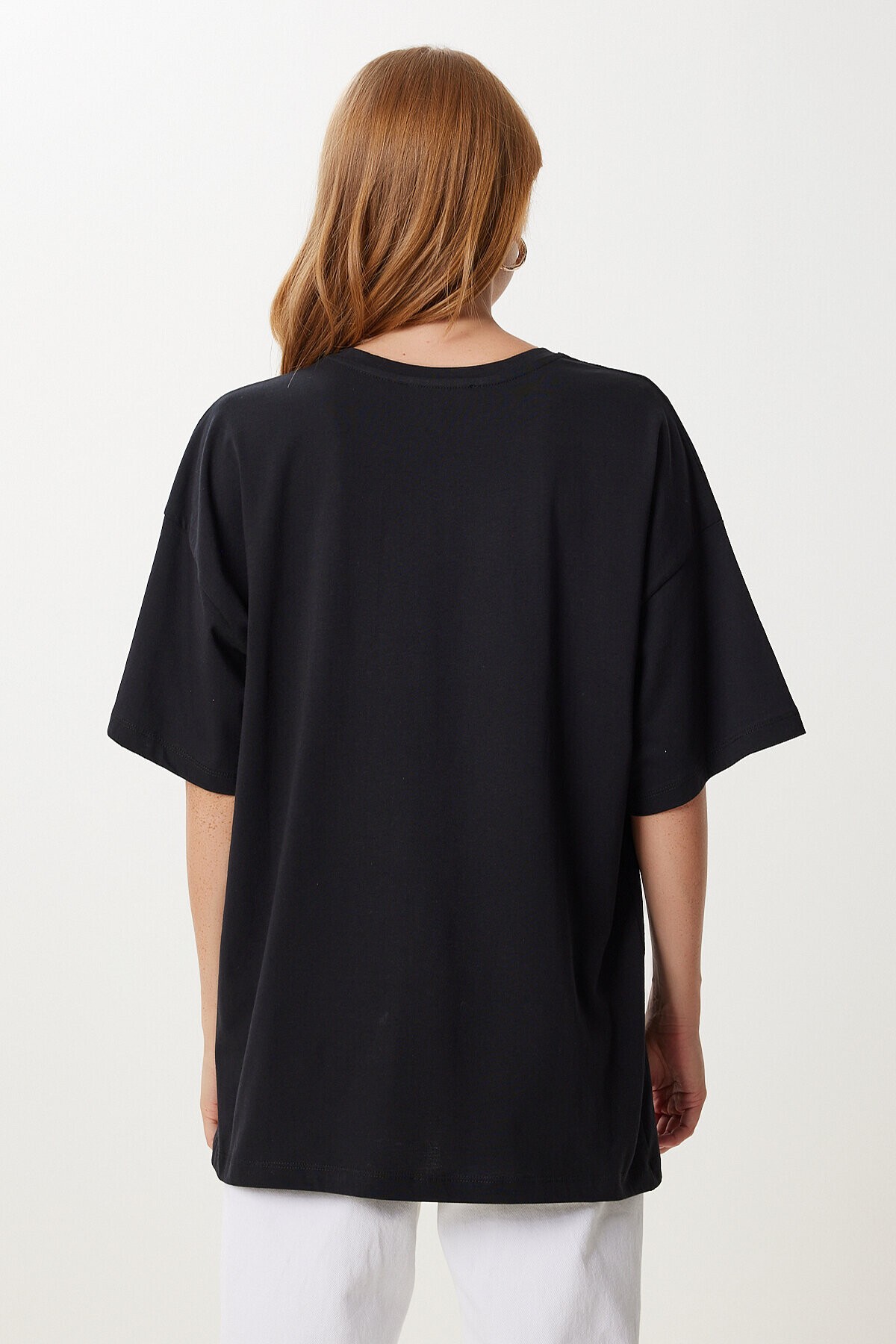 Baskılı Nakış İşlemeli Oversize Örme T-shirt SİYAH LKT0015