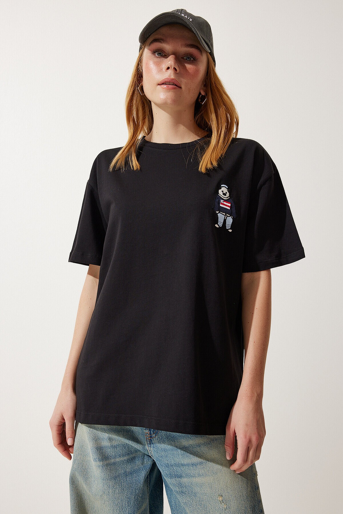 Bisiklet Yaka Nakışlı Oversize Örme T-shirt SİYAH LNJ0003