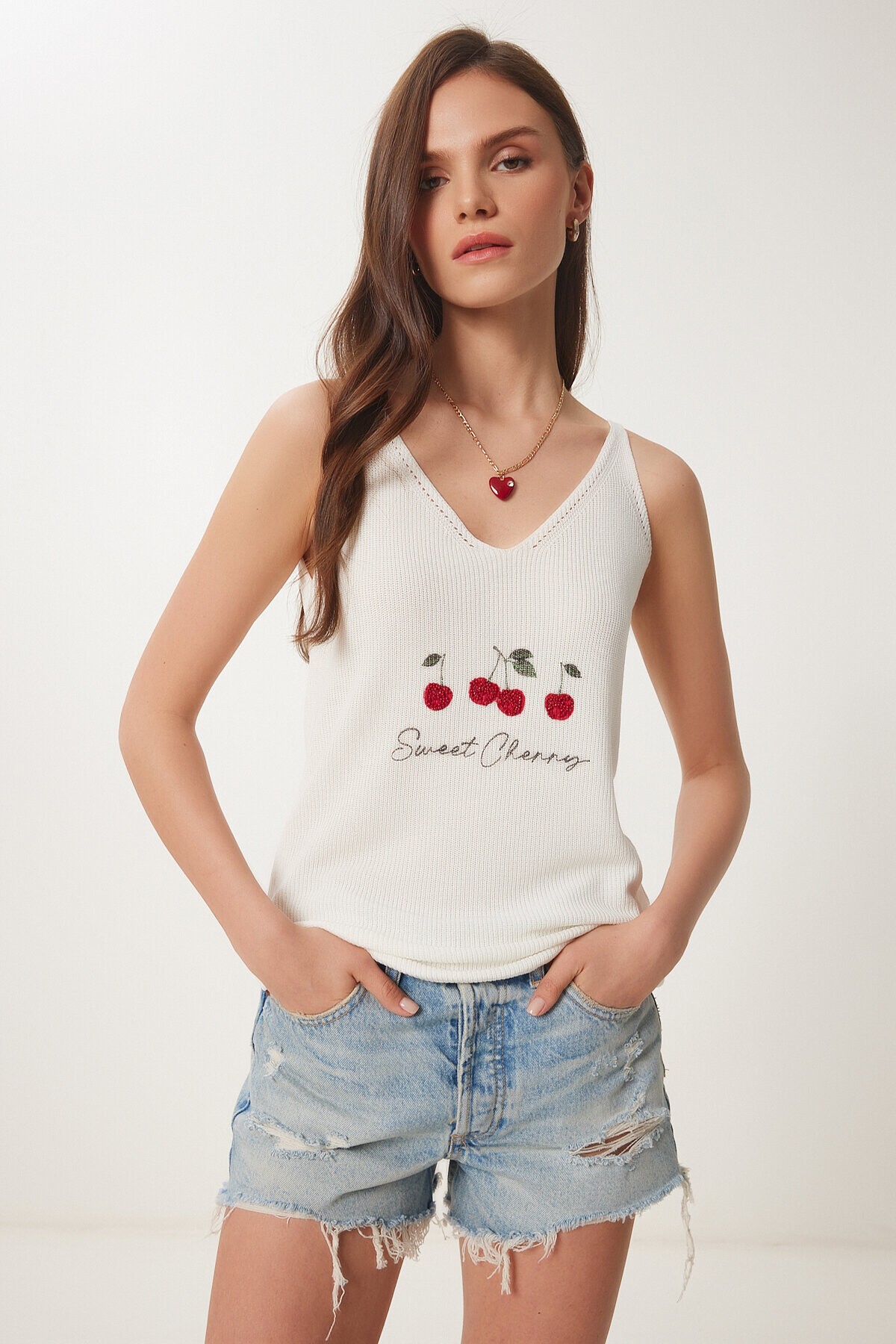 Boncuk Detaylı Baskılı Triko Bluz KEMİK LNS0046