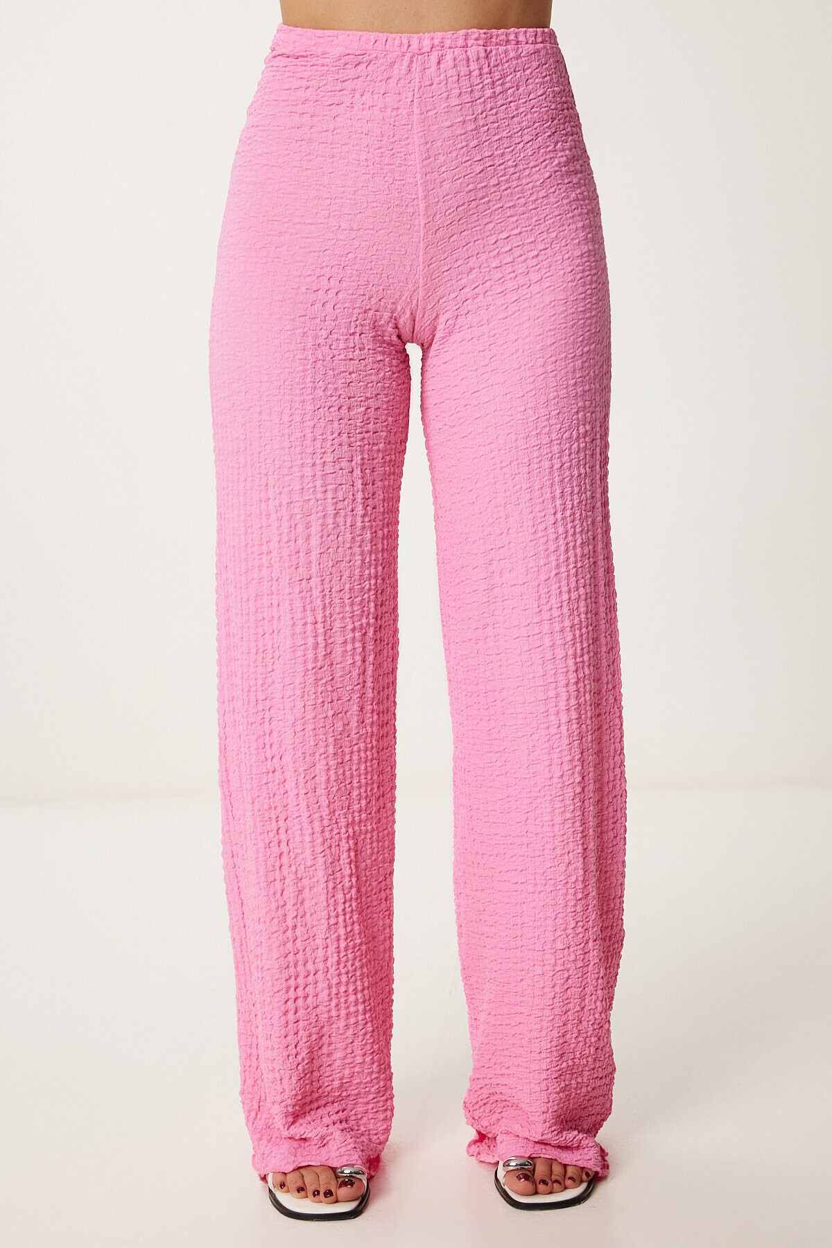 Boyundan Geçmeli Bluz Pantolon Esnek Örme Takım PEMBE LDP0048