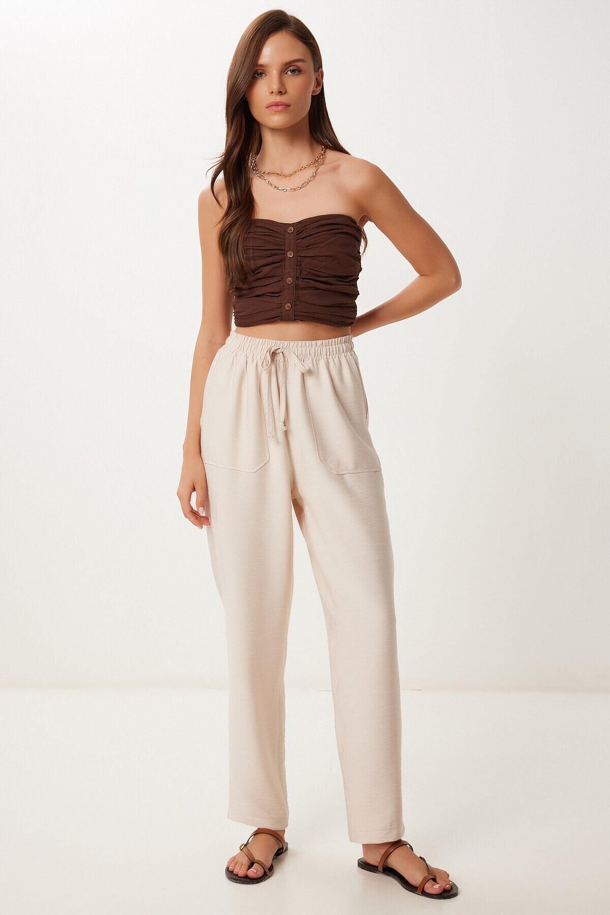 Cepli Dokuma Şalvar Pantolon KREM LMX0094