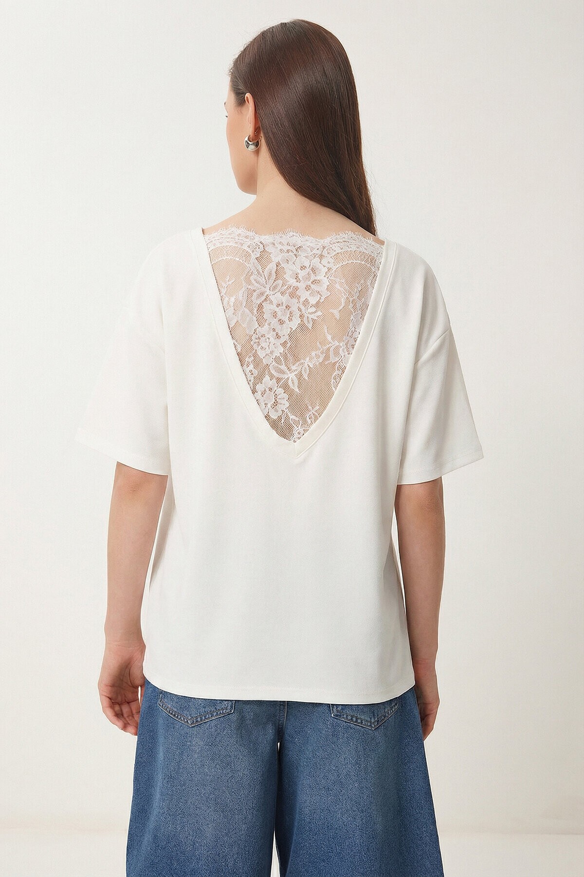 Dantel Detaylı Oversize Modal T-shirt EKRU LNT0030