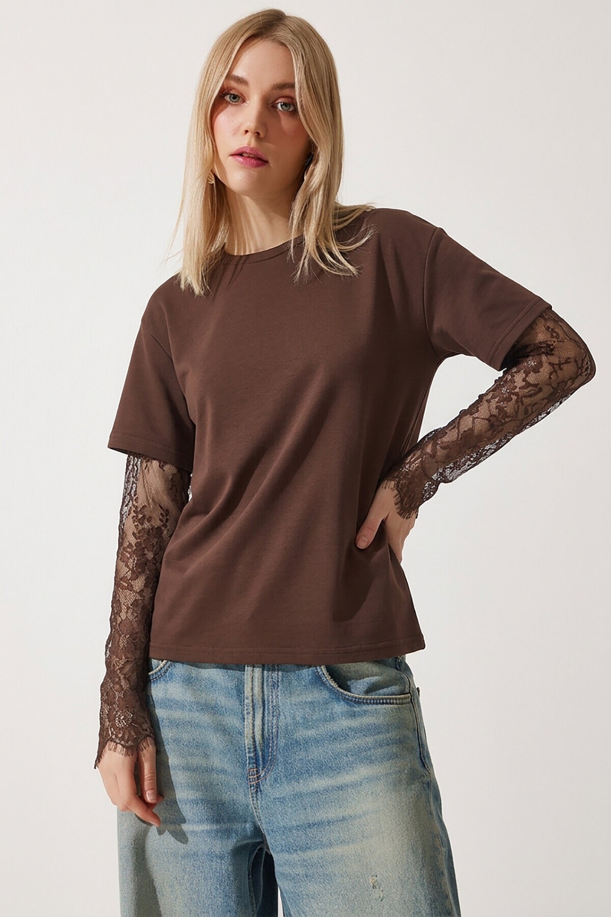 Dantel Detaylı Oversize Modal T-shirt KAHVERENGİ LNT0028