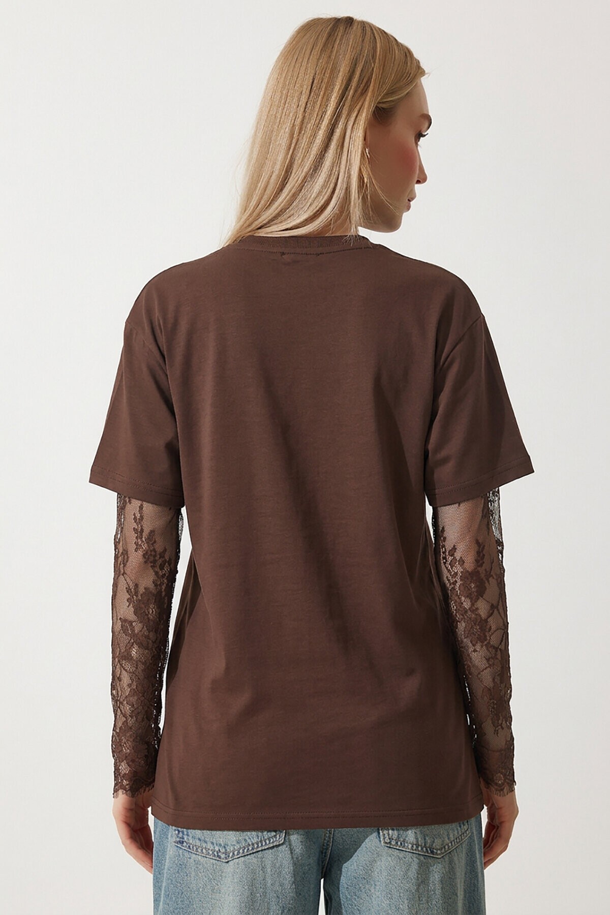 Dantel Detaylı Oversize Modal T-shirt KAHVERENGİ LNT0028