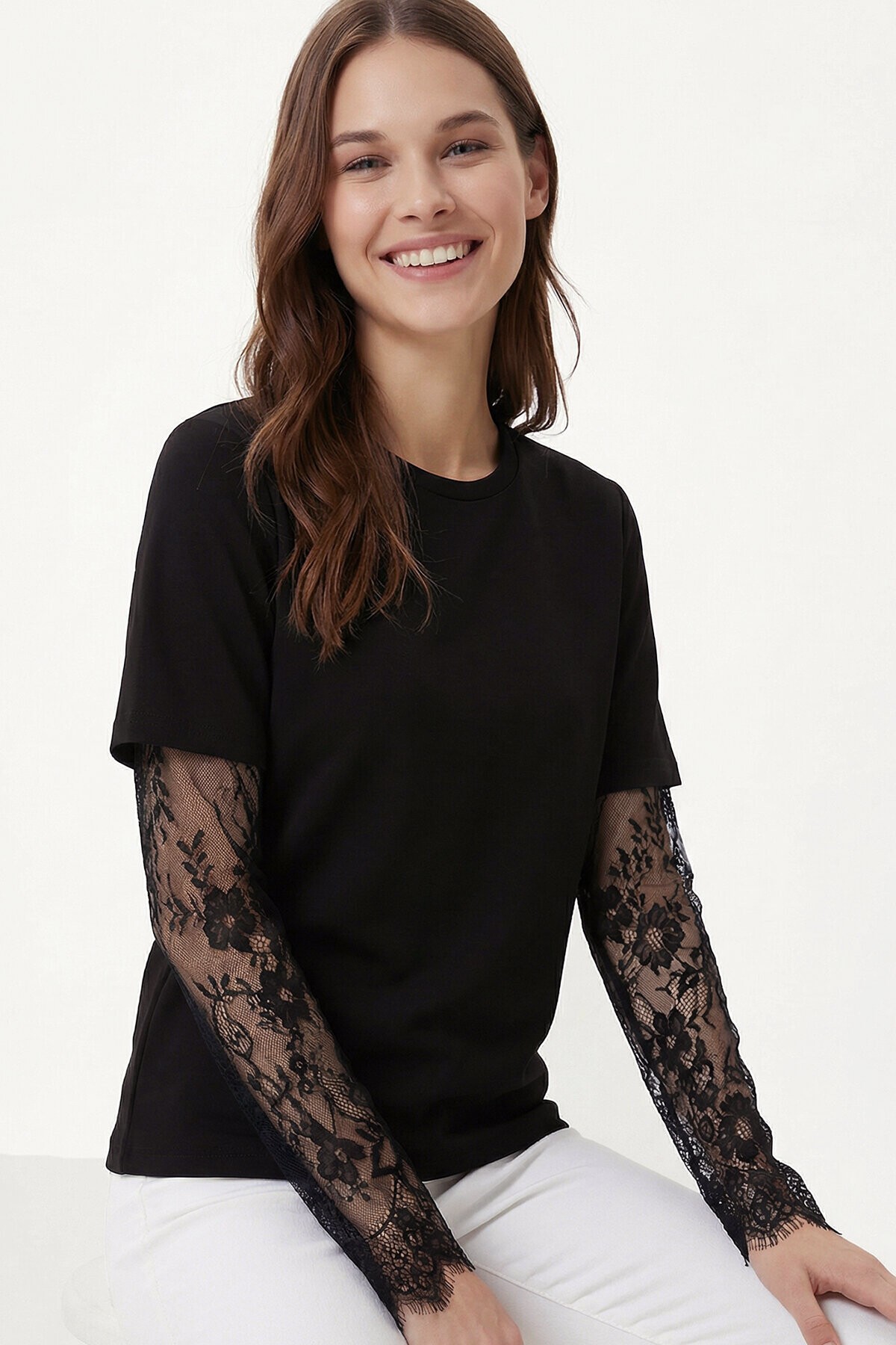 Dantel Detaylı Oversize Modal T-shirt SİYAH LNT0028