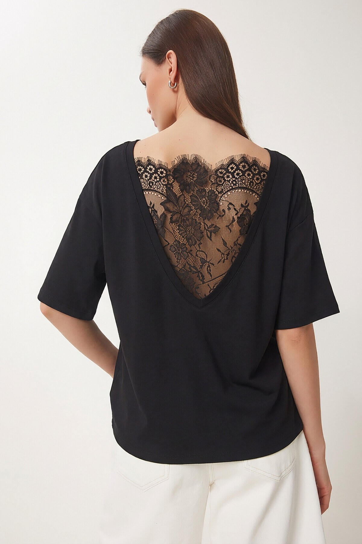 Dantel Detaylı Oversize Modal T-shirt SİYAH LNT0030