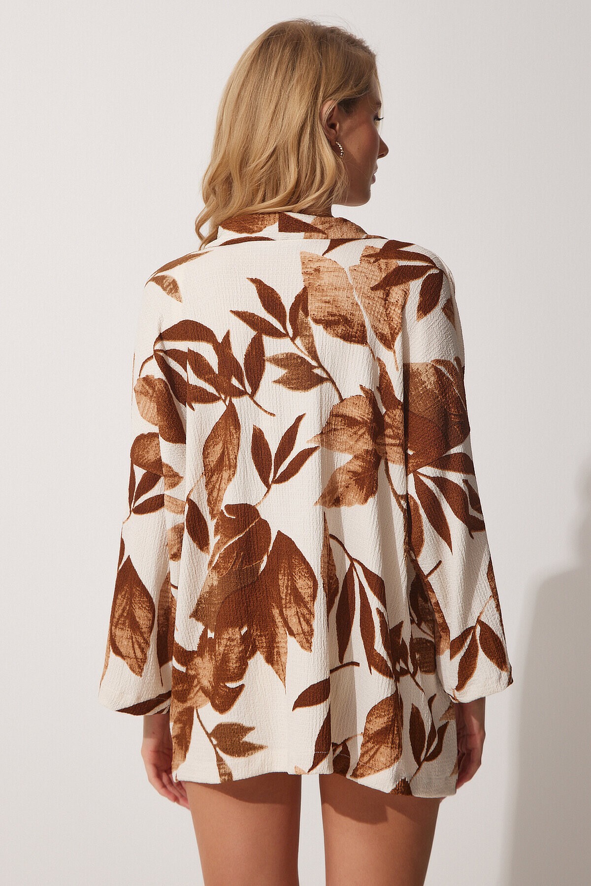 Desenli Krinkıl Viskon Yazlık Kimono KAHVERENGİ KREM LDD0025