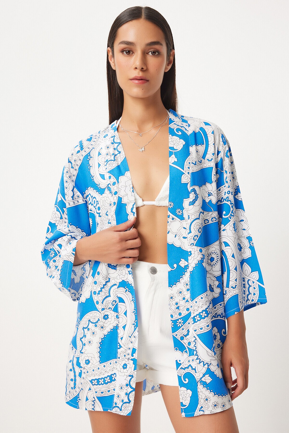 Desenli Viskon Kimono MAVİ BEYAZ LEN0004