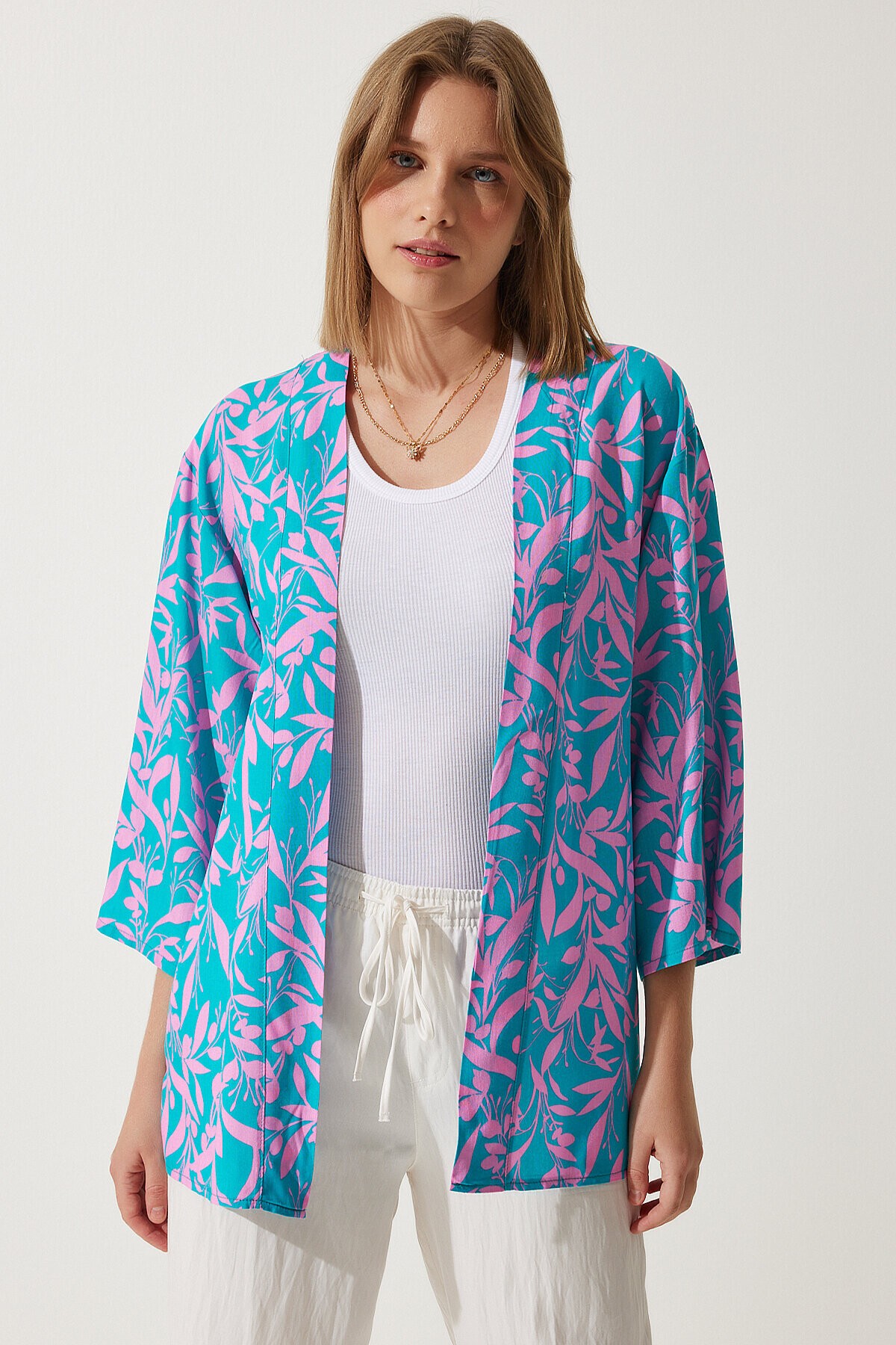 Desenli Viskon Kimono PEMBE GÖK MAVİ LEN0004