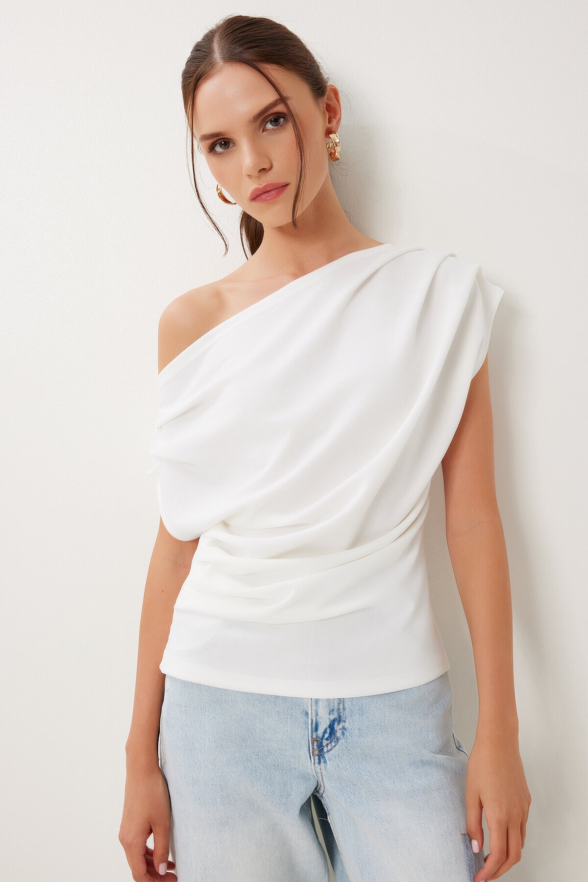 Drapeli Esnek Örme Bluz EKRU LFW0009