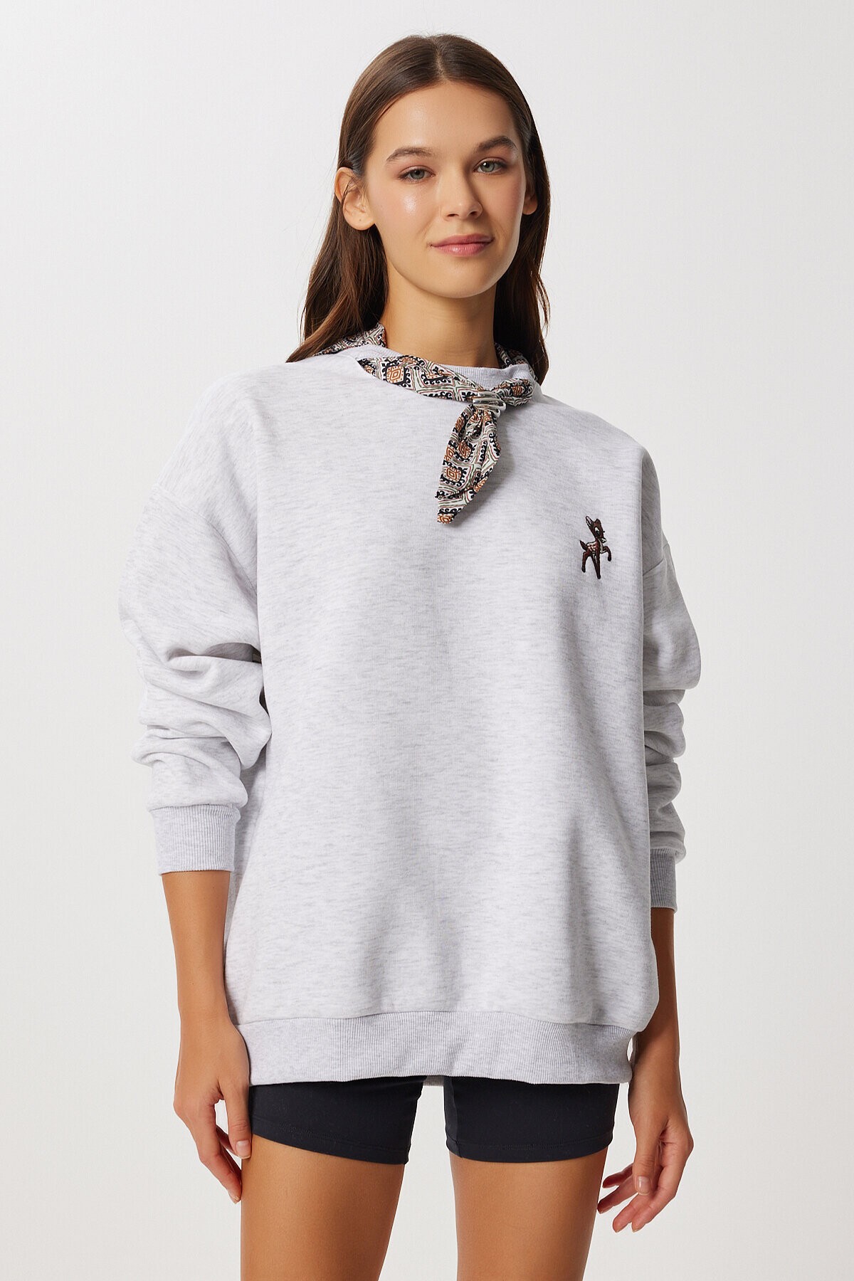 Fular Detaylı Şardonlu Örme Sweatshirt GRİ MELANJ LPX0005