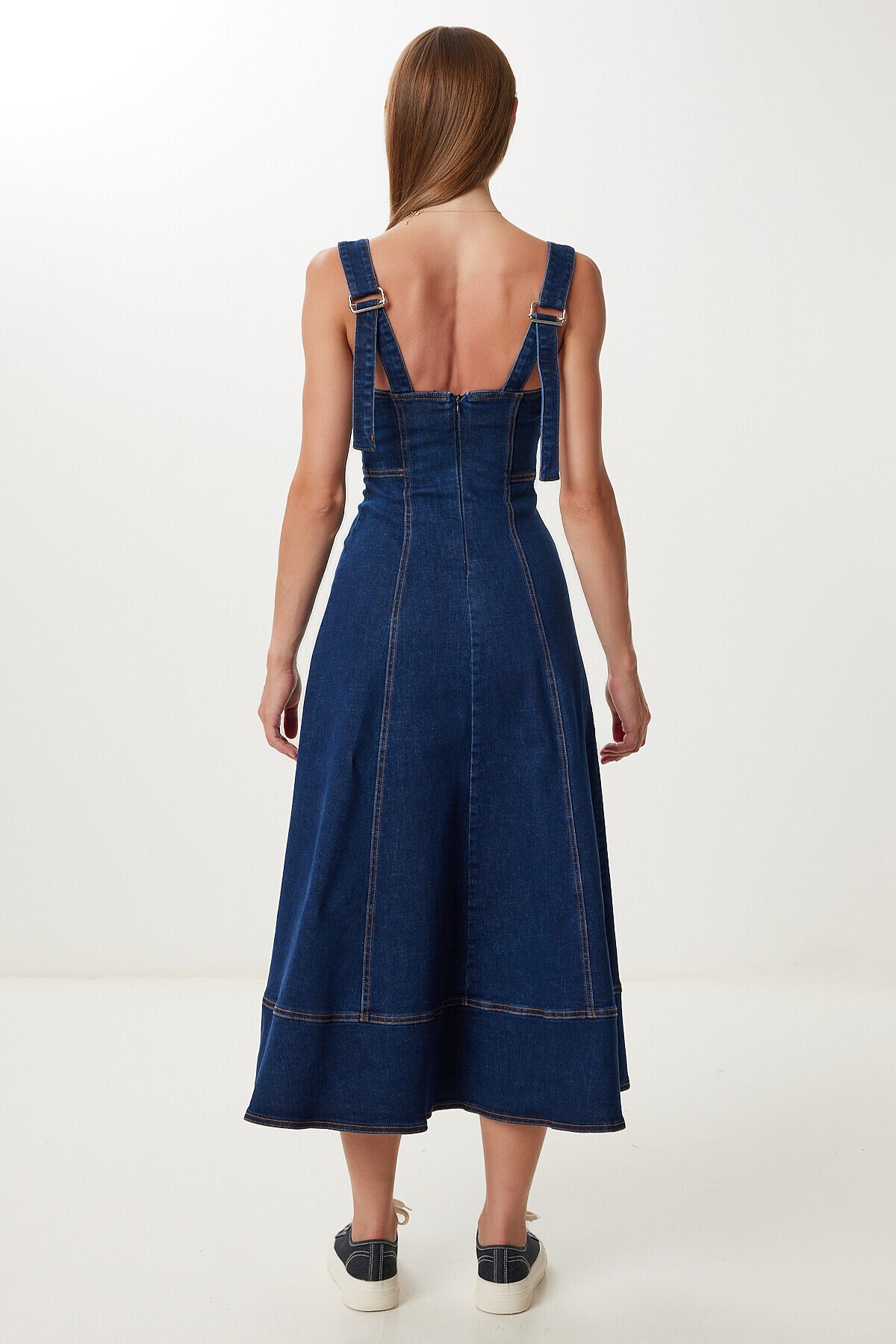 Kalın Askılı Midi Denim Elbise KOYU MAVİ LFG0037