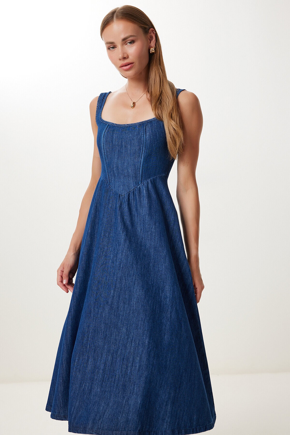 Kalın Askılı Midi Denim Elbise KOYU MAVİ LFG0038