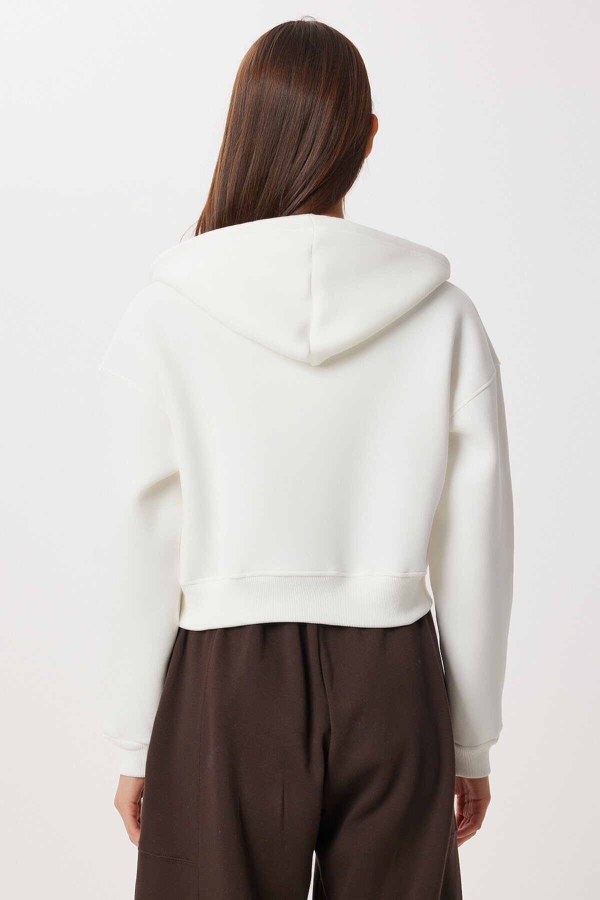 Kapüşonlu Fermuarlı Şardonlu Örme Sweatshirt EKRU LPX0004